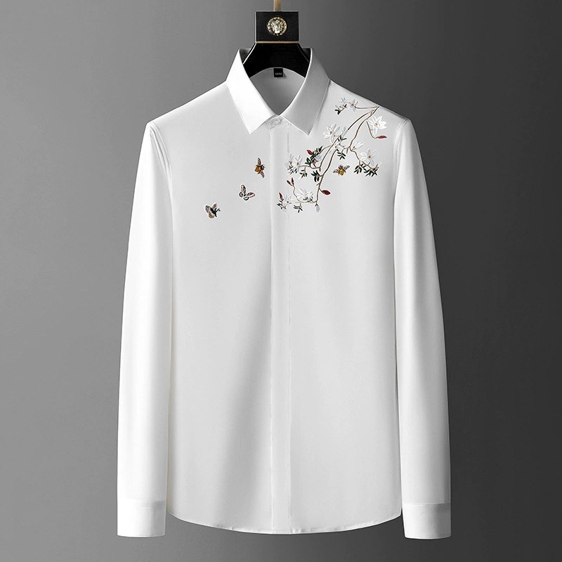Fashionable Money Tree Embroidery Slim Fit Long Sleeve Shirt — wholesale men's shirt from AUTOCNEX