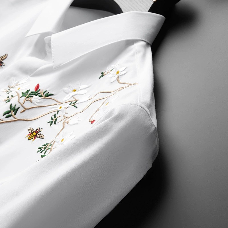 Fashionable Money Tree Embroidery Slim Fit Long Sleeve Shirt view 2