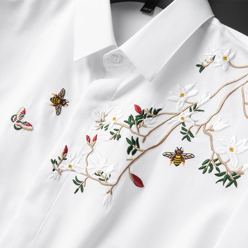 Fashionable Money Tree Embroidery Slim Fit Long Sleeve Shirt view 4