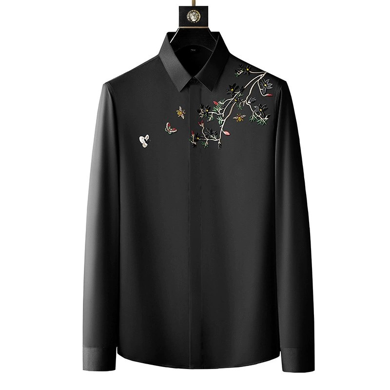 Fashionable Money Tree Embroidery Slim Fit Long Sleeve Shirt view 5