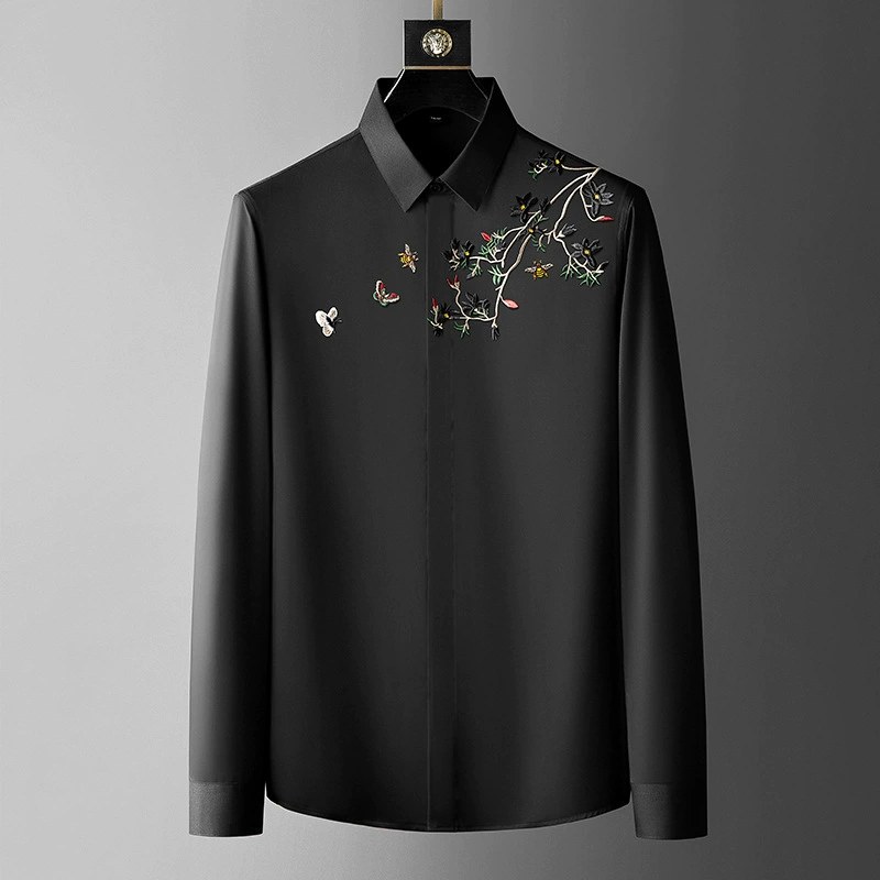 Fashionable Money Tree Embroidery Slim Fit Long Sleeve Shirt view 7