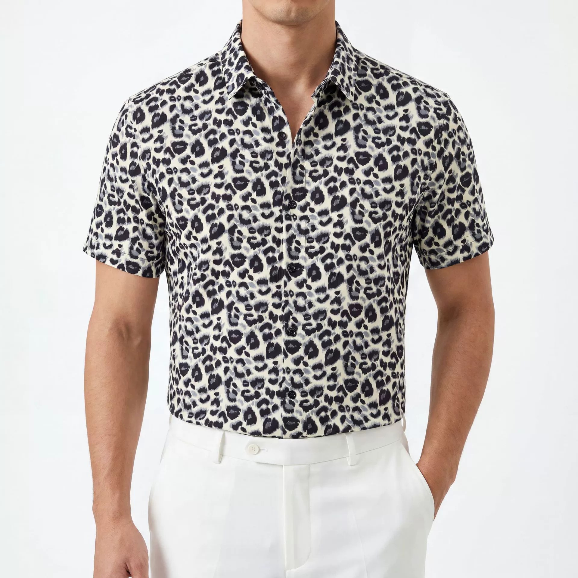 Black White Leopard Print Short Sleeve Shirt — wholesale men's shirt from AUTOCNEX