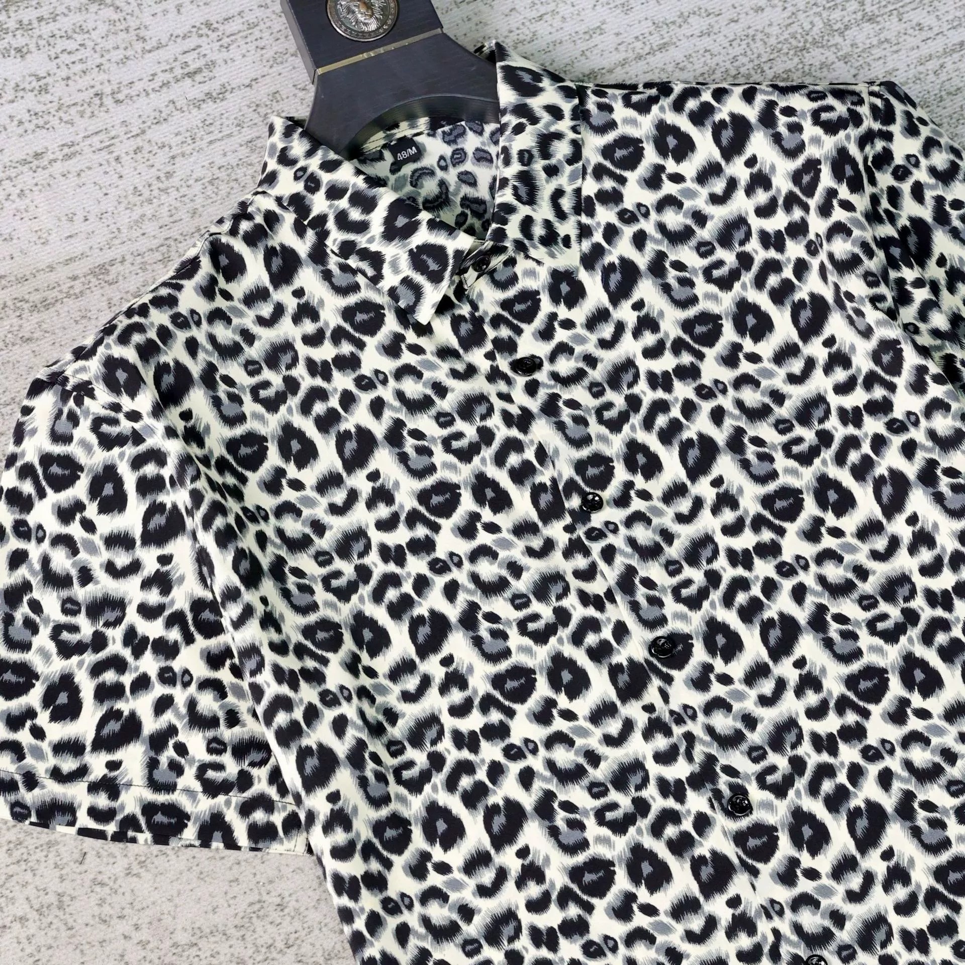 Black White Leopard Print Short Sleeve Shirt view 2