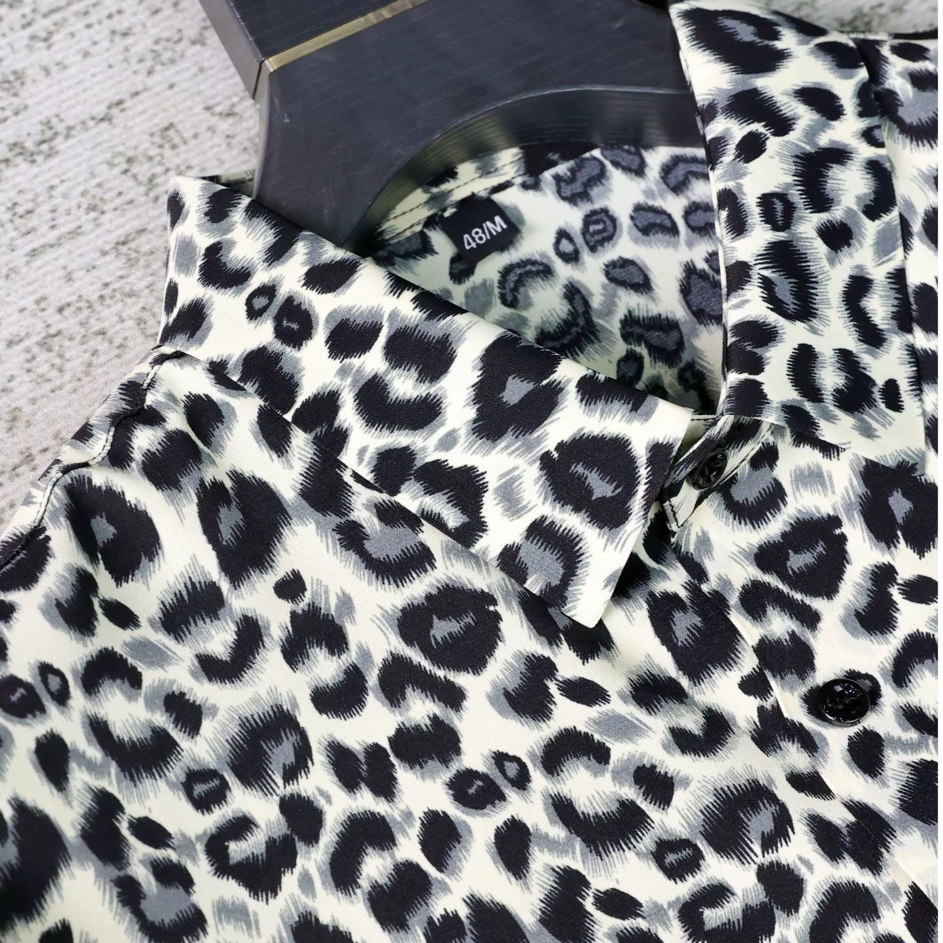 Black White Leopard Print Short Sleeve Shirt view 3