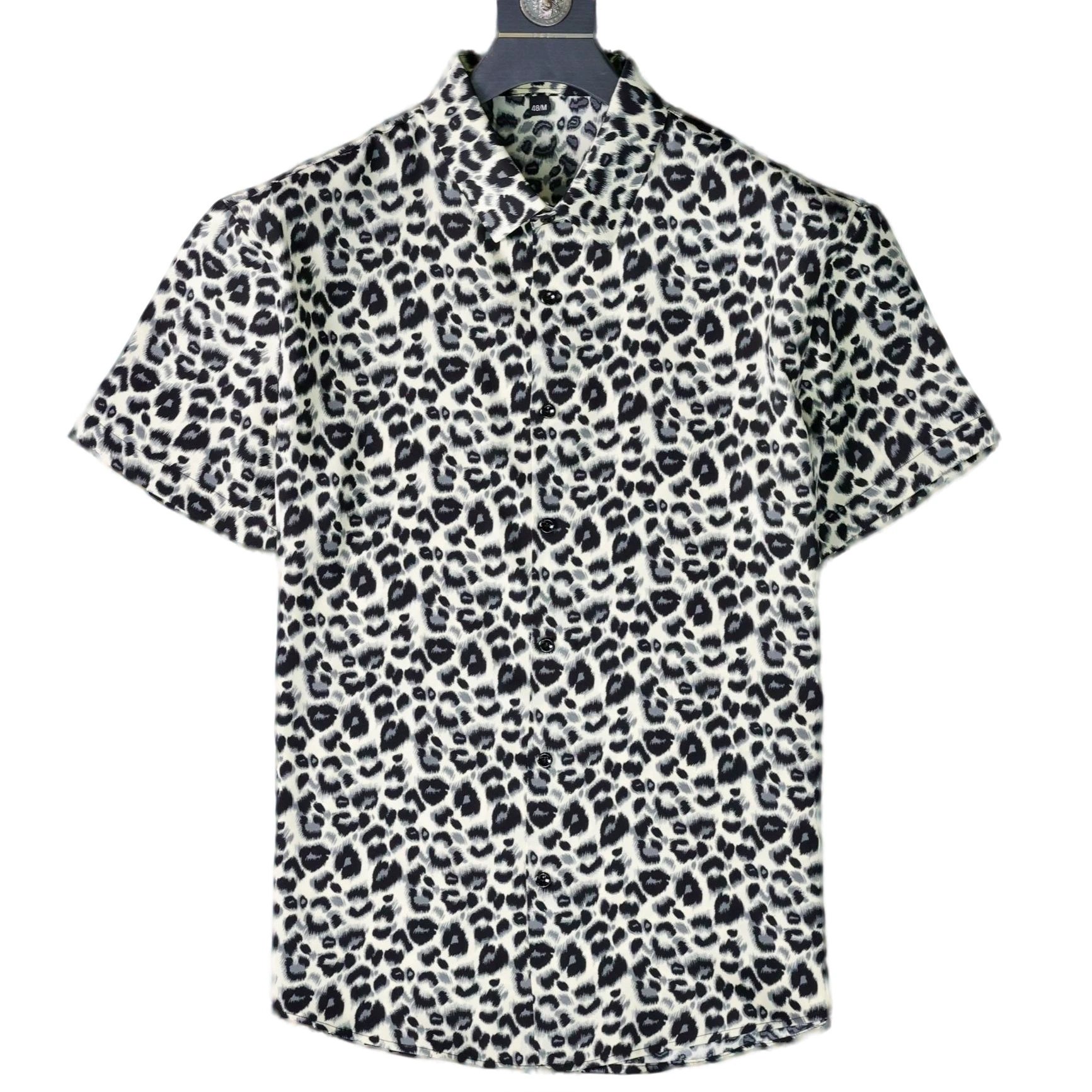 Black White Leopard Print Short Sleeve Shirt view 6