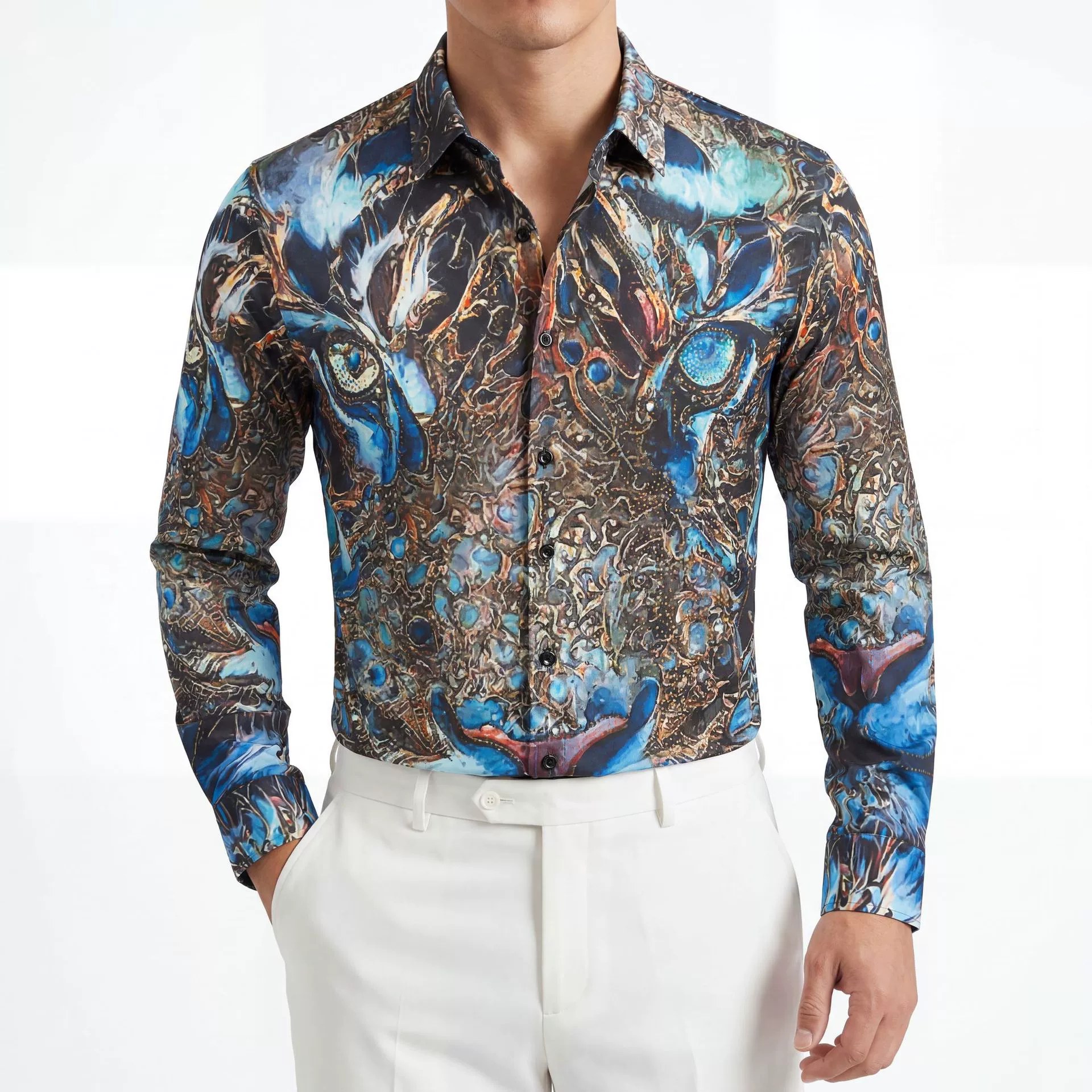 Blue Gold Tiger 3D Print Long Sleeve Shirt — wholesale men's shirt from AUTOCNEX