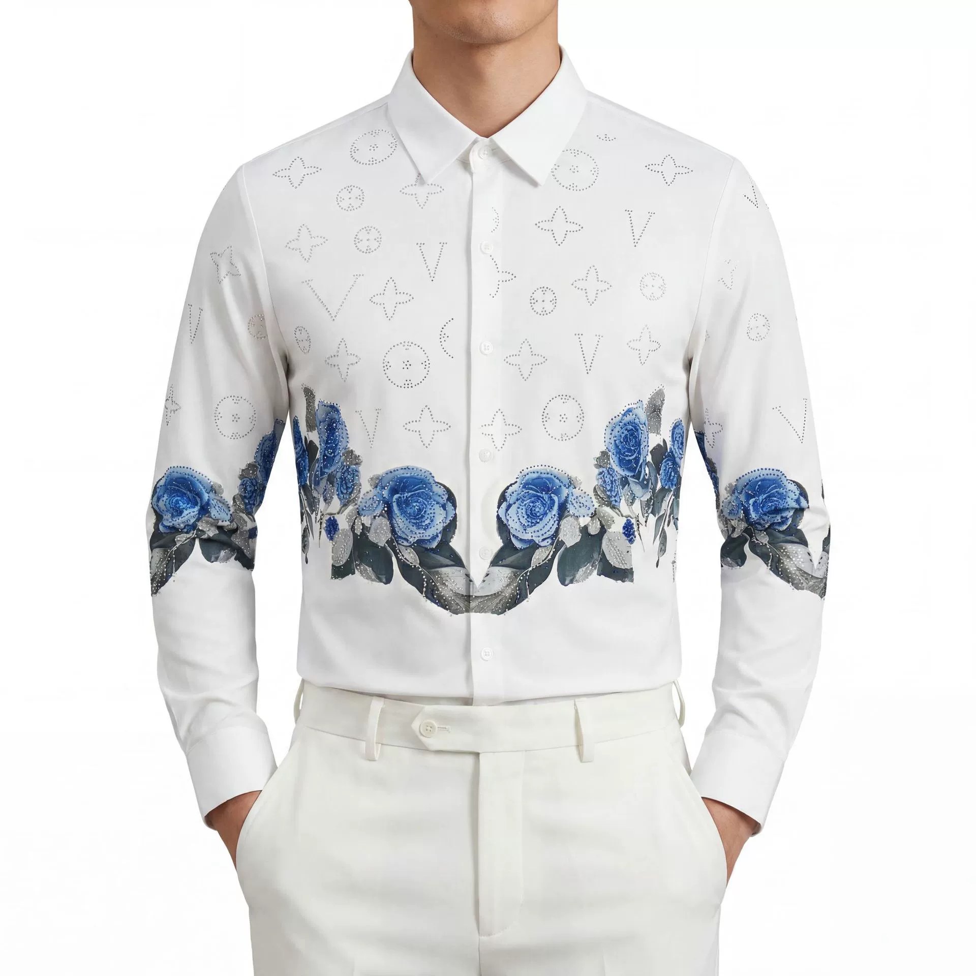 Blue Rose Print Long Sleeve Shirt — wholesale men's shirt from AUTOCNEX