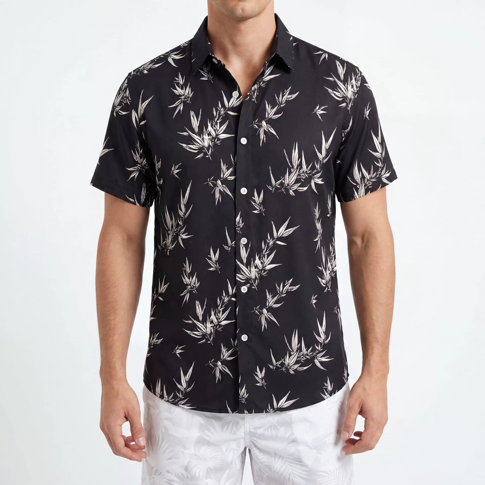 Black White Bamboo Print Short Sleeve Shirt — wholesale men's shirt from AUTOCNEX