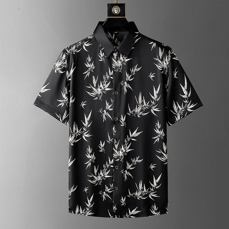 Black White Bamboo Print Short Sleeve Shirt view 6