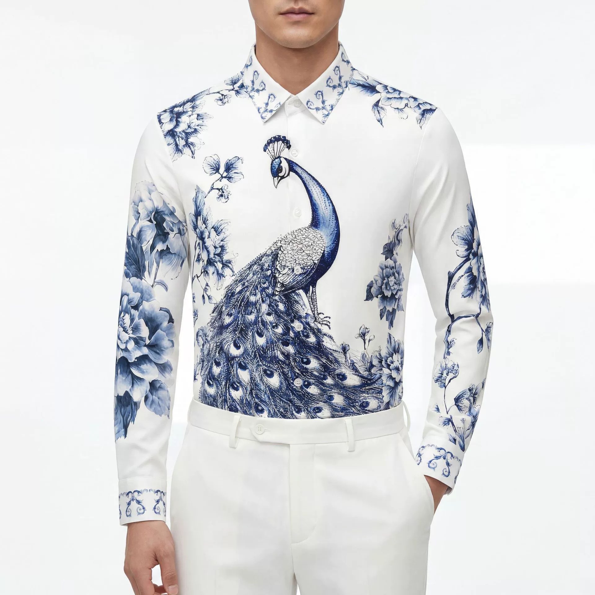 Blue White Porcelain Peacock Print Long Sleeve Shirt — wholesale men's shirt from AUTOCNEX