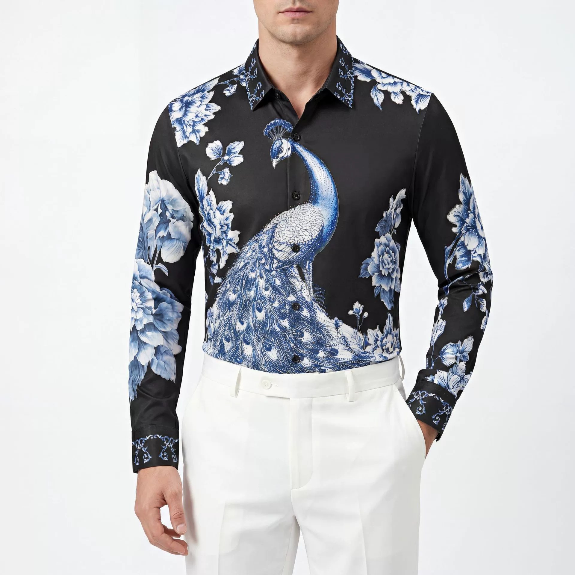 Blue White Porcelain Peacock Print Long Sleeve Shirt view 2