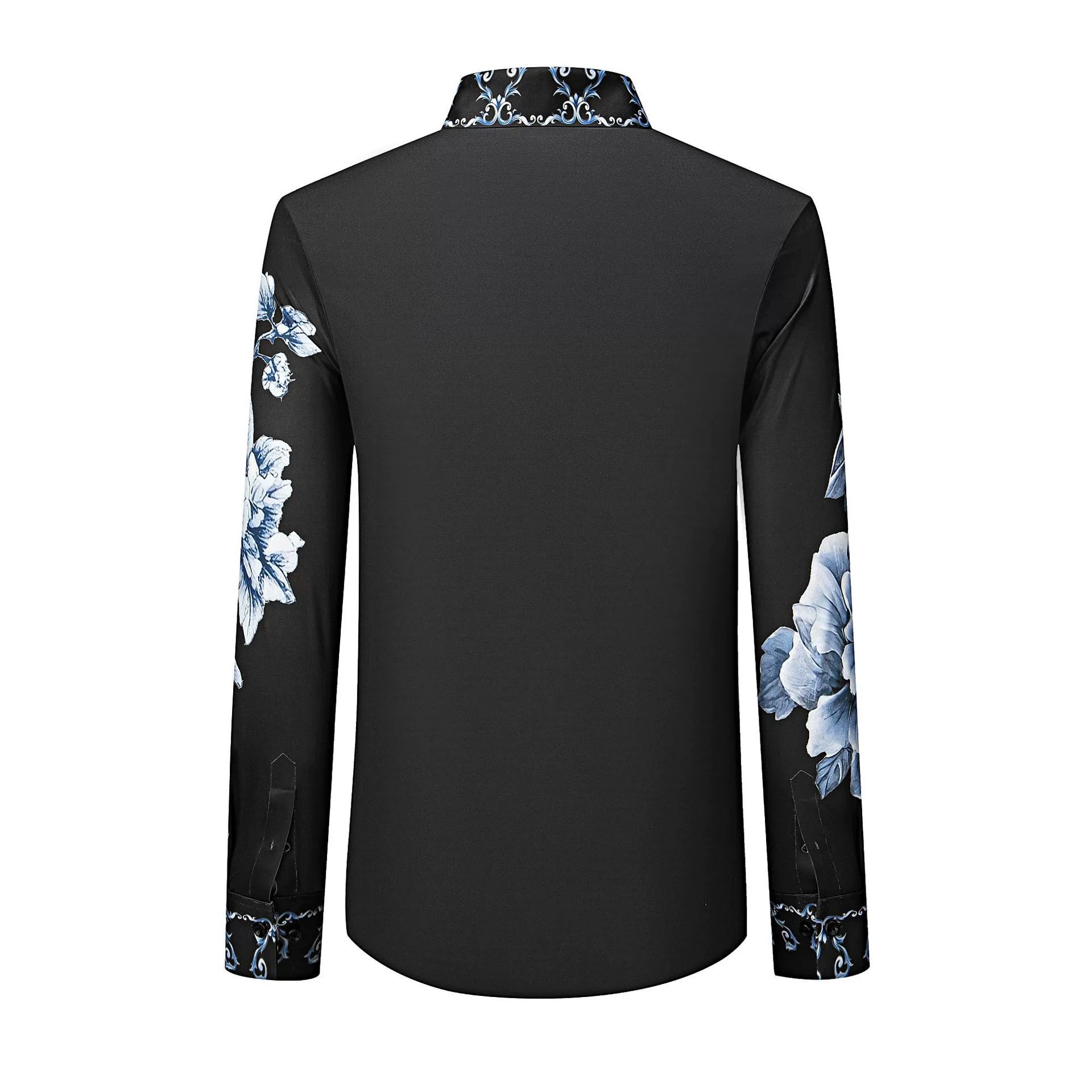 Blue White Porcelain Peacock Print Long Sleeve Shirt view 4