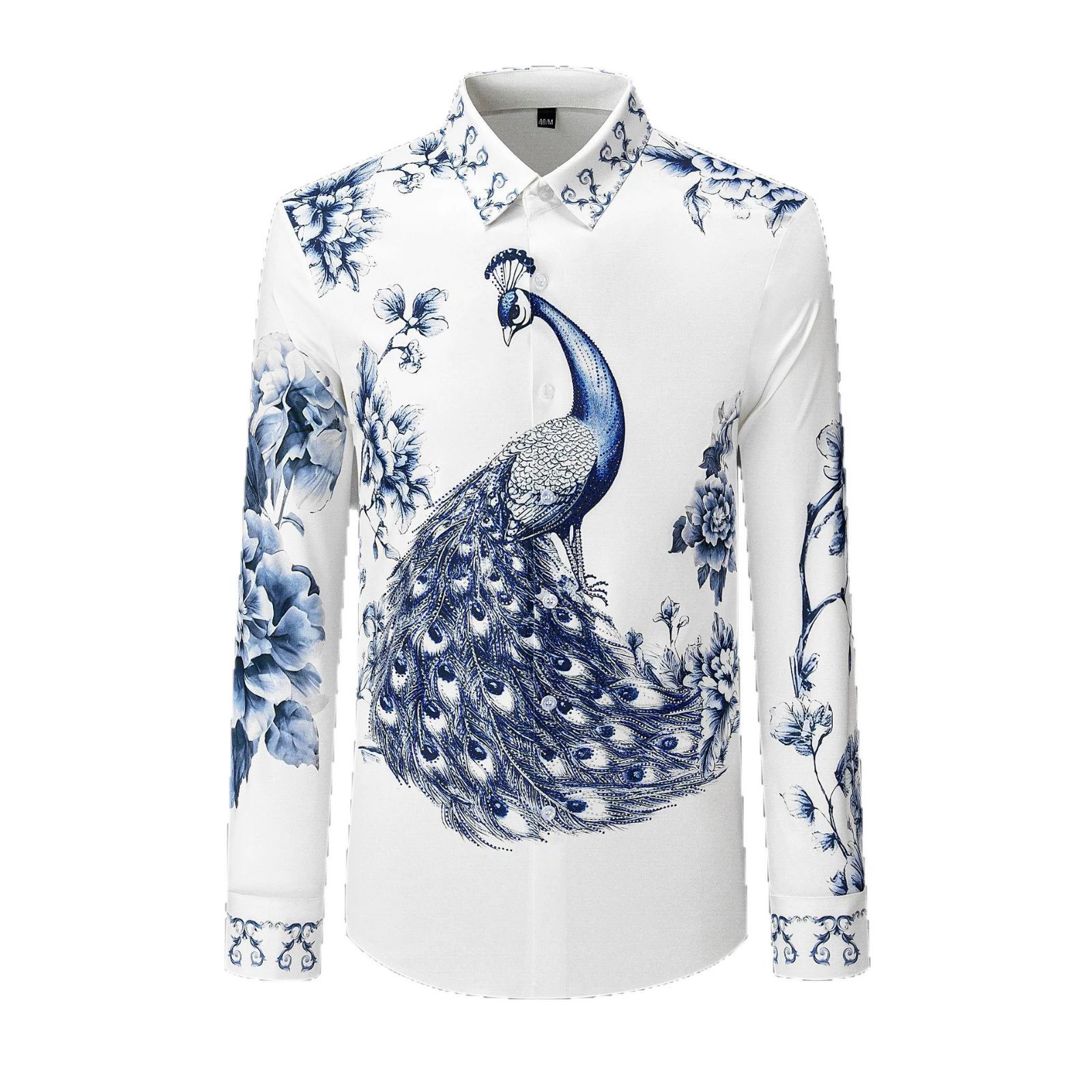 Blue White Porcelain Peacock Print Long Sleeve Shirt view 5