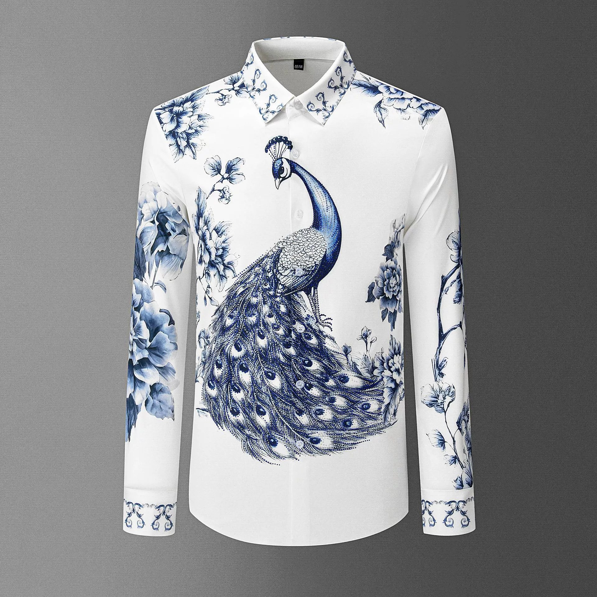 Blue White Porcelain Peacock Print Long Sleeve Shirt view 6