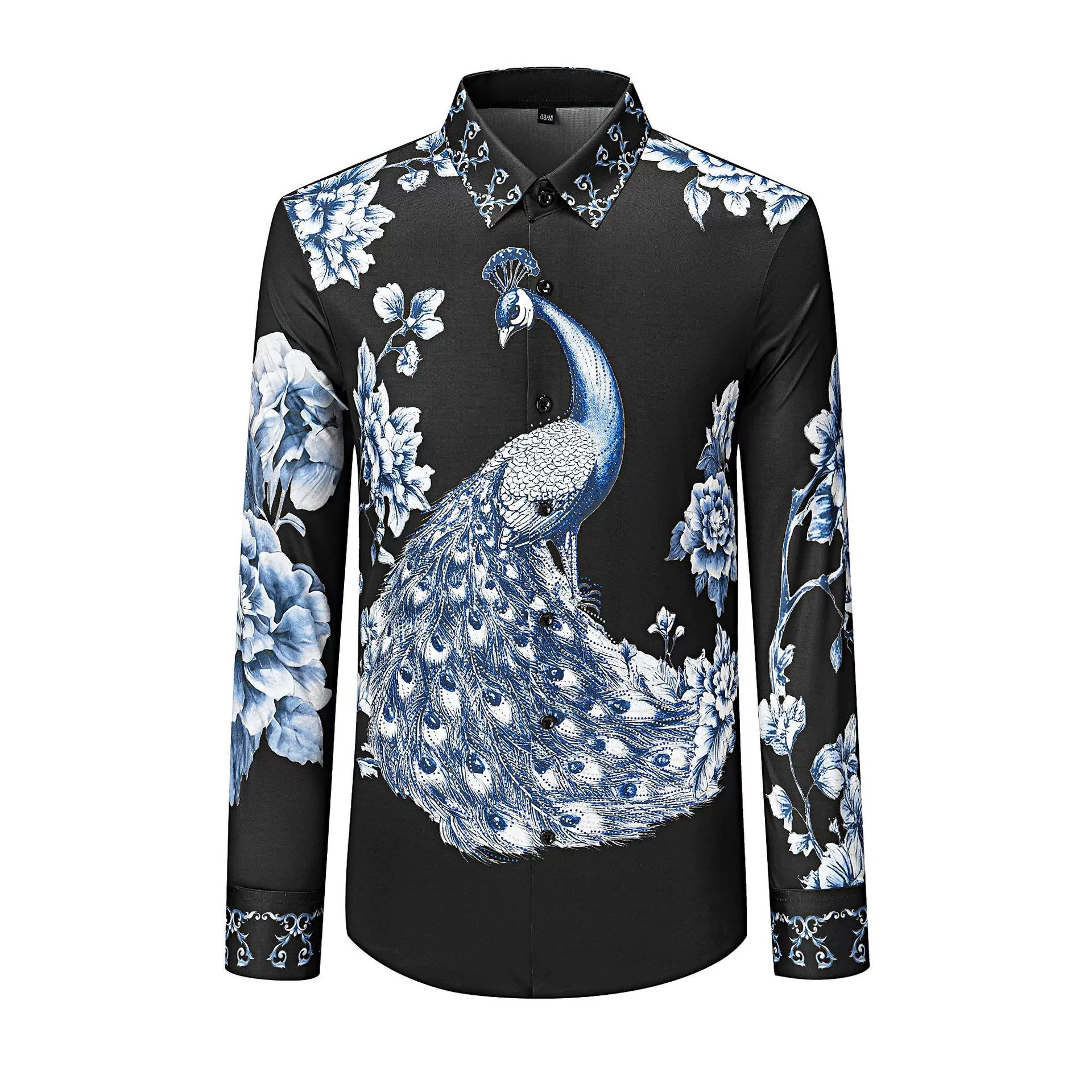 Blue White Porcelain Peacock Print Long Sleeve Shirt view 7
