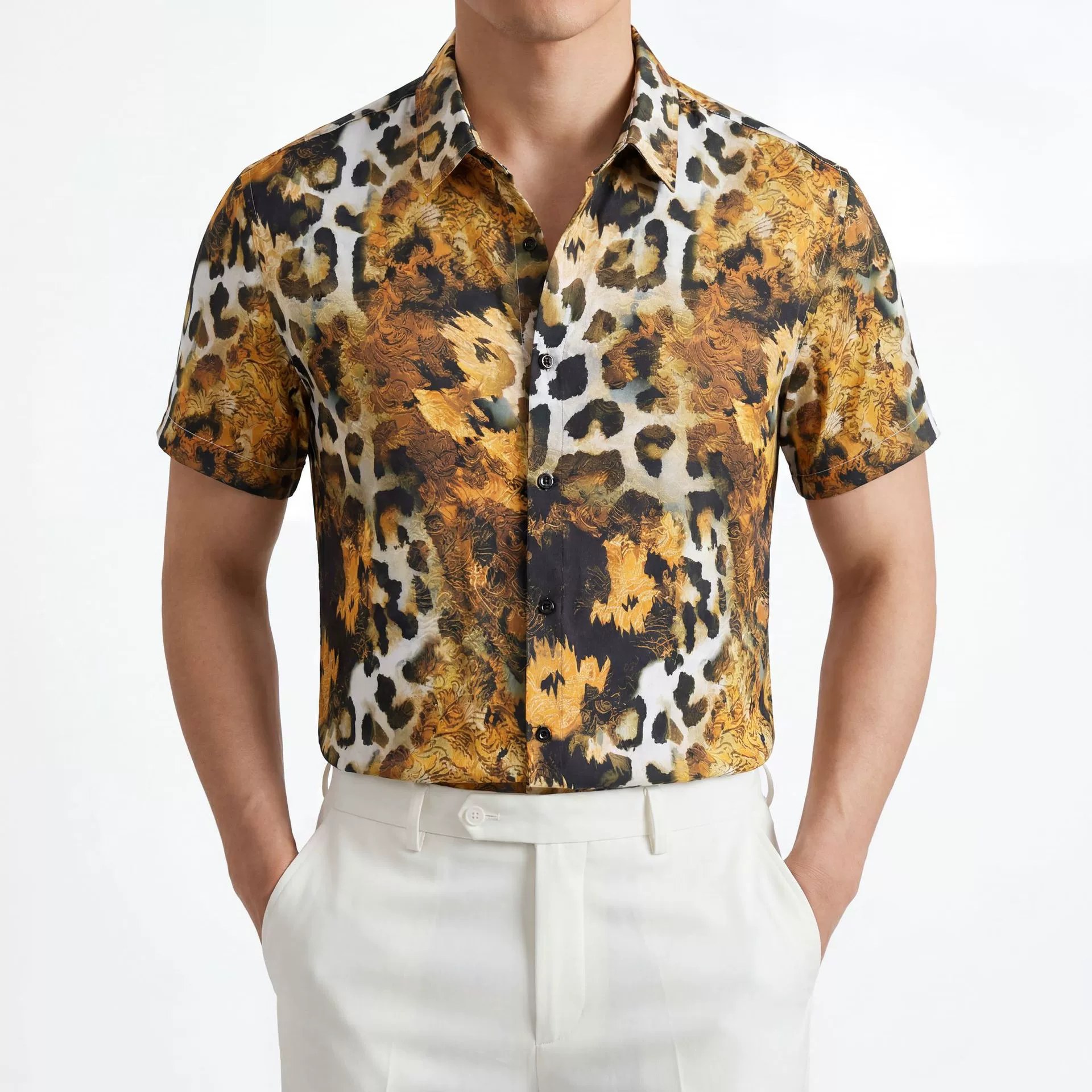 Yellow Brown Leopard Print Short Sleeve Shirt — wholesale men's shirt from AUTOCNEX