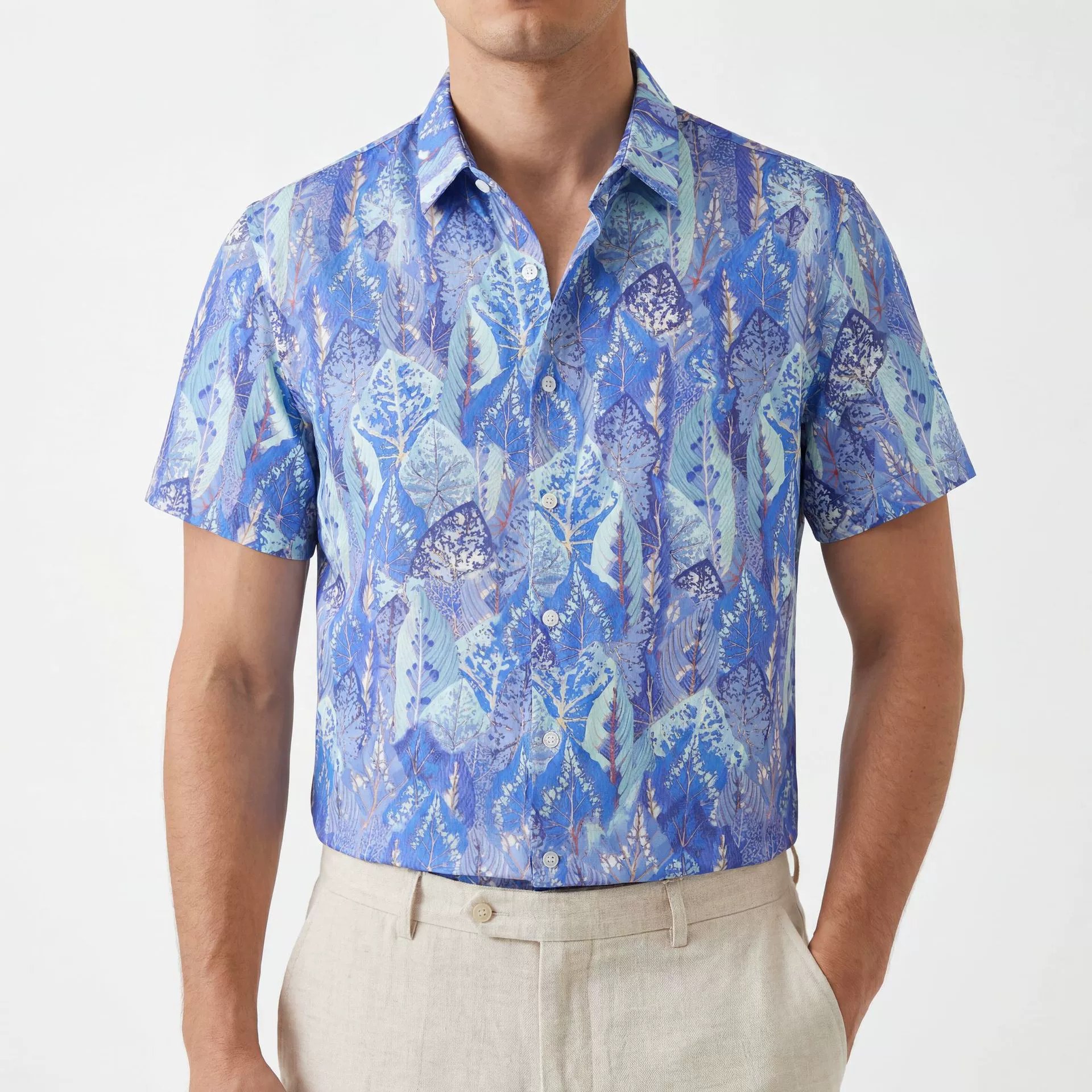 Blue Leaf All-Over Print Short Sleeve Shirt — wholesale men's shirt from AUTOCNEX