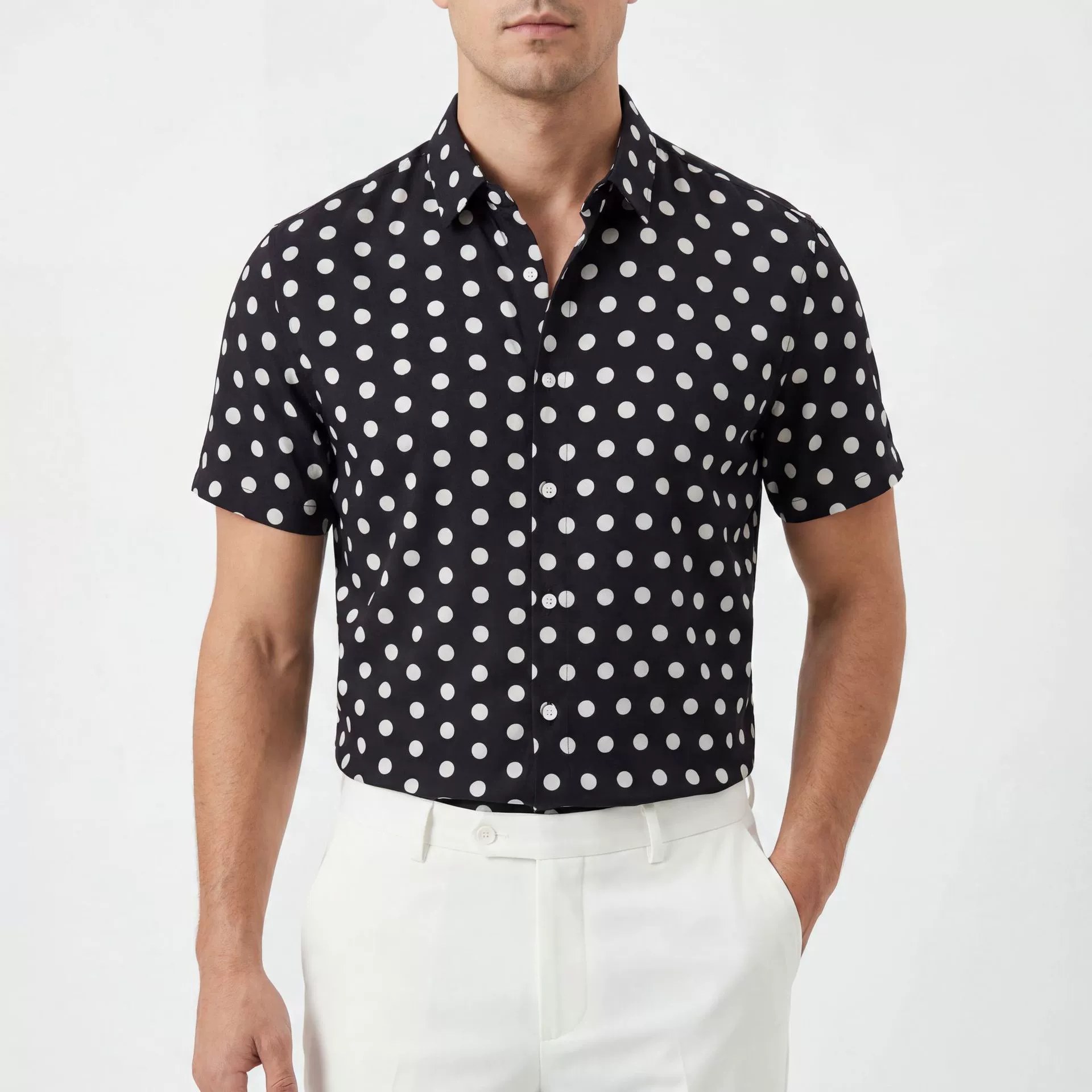 Black White Polka Dot All-Over Print Short Sleeve Shirt — wholesale men's shirt from AUTOCNEX