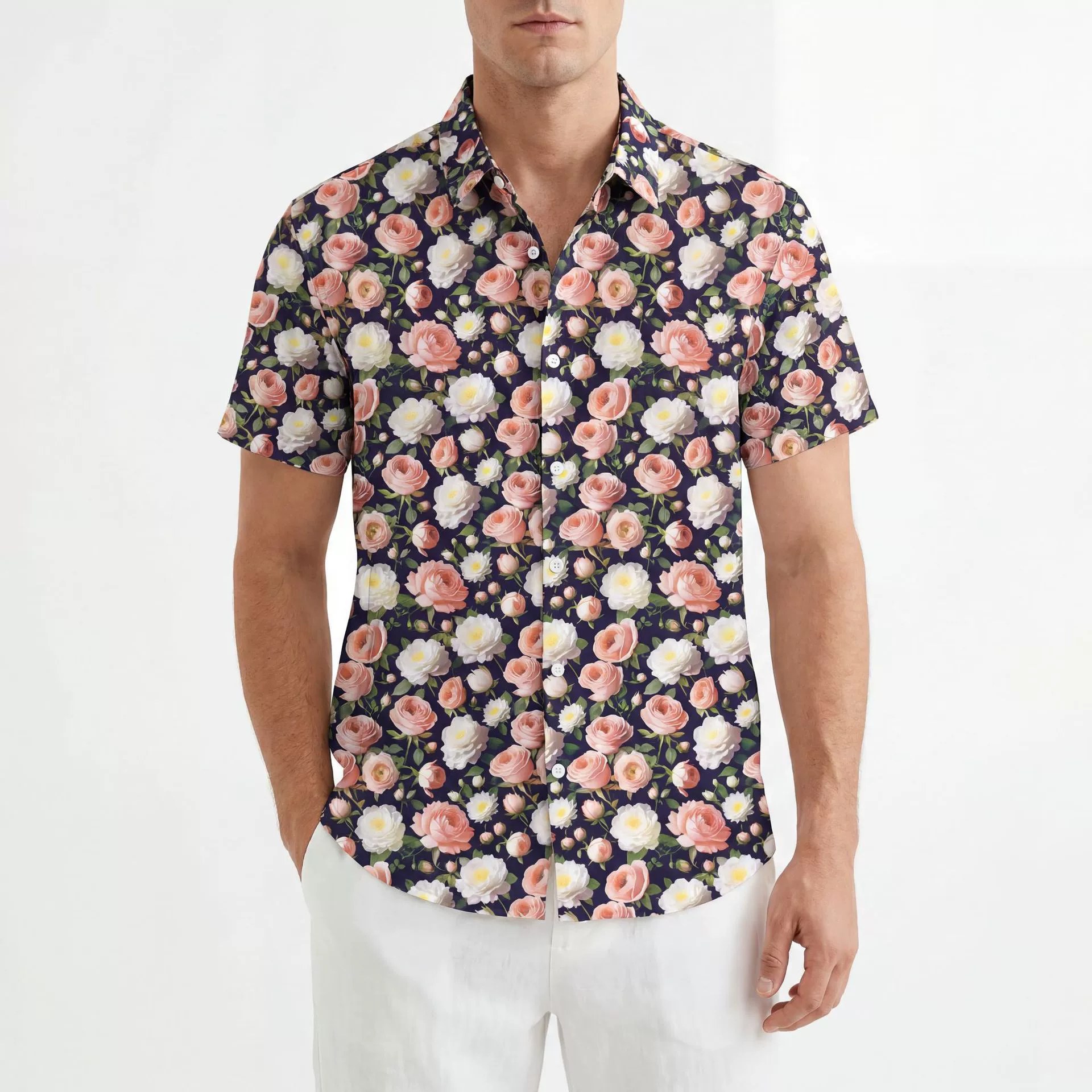 Rose Floral All-Over Print Short Sleeve Shirt — wholesale men's shirt from AUTOCNEX