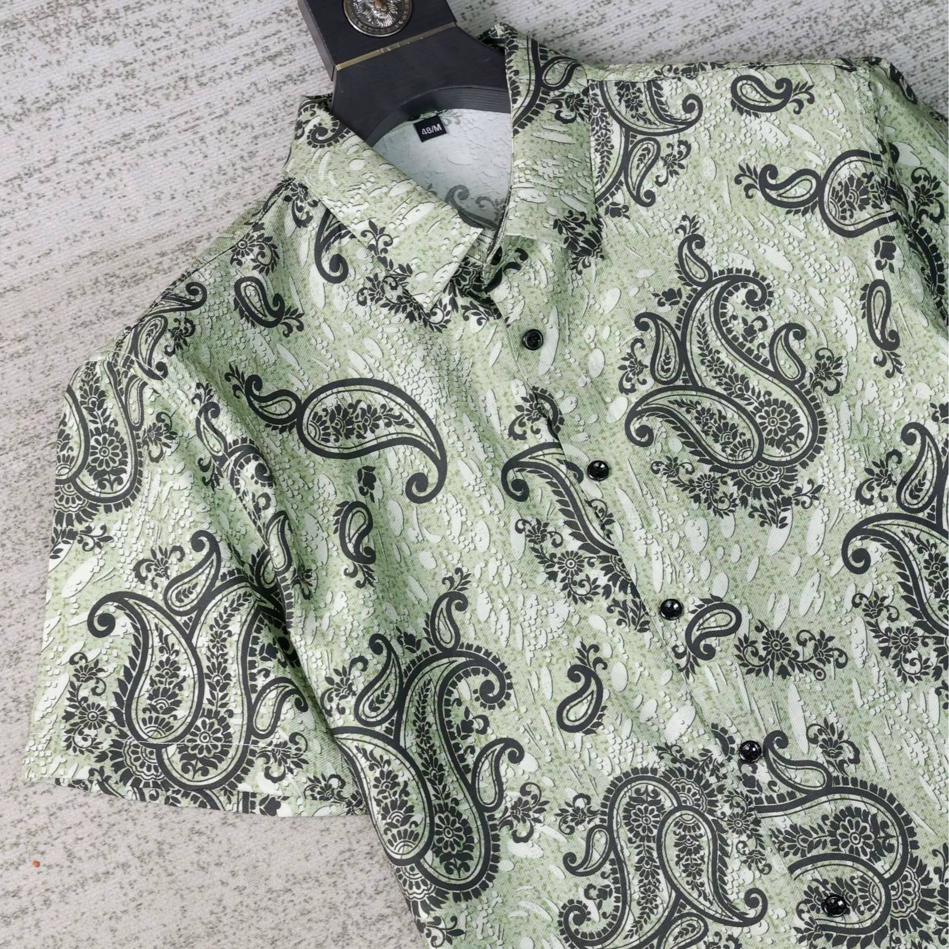 Retro Stand Collar Printed Short Sleeve Shirt view 2