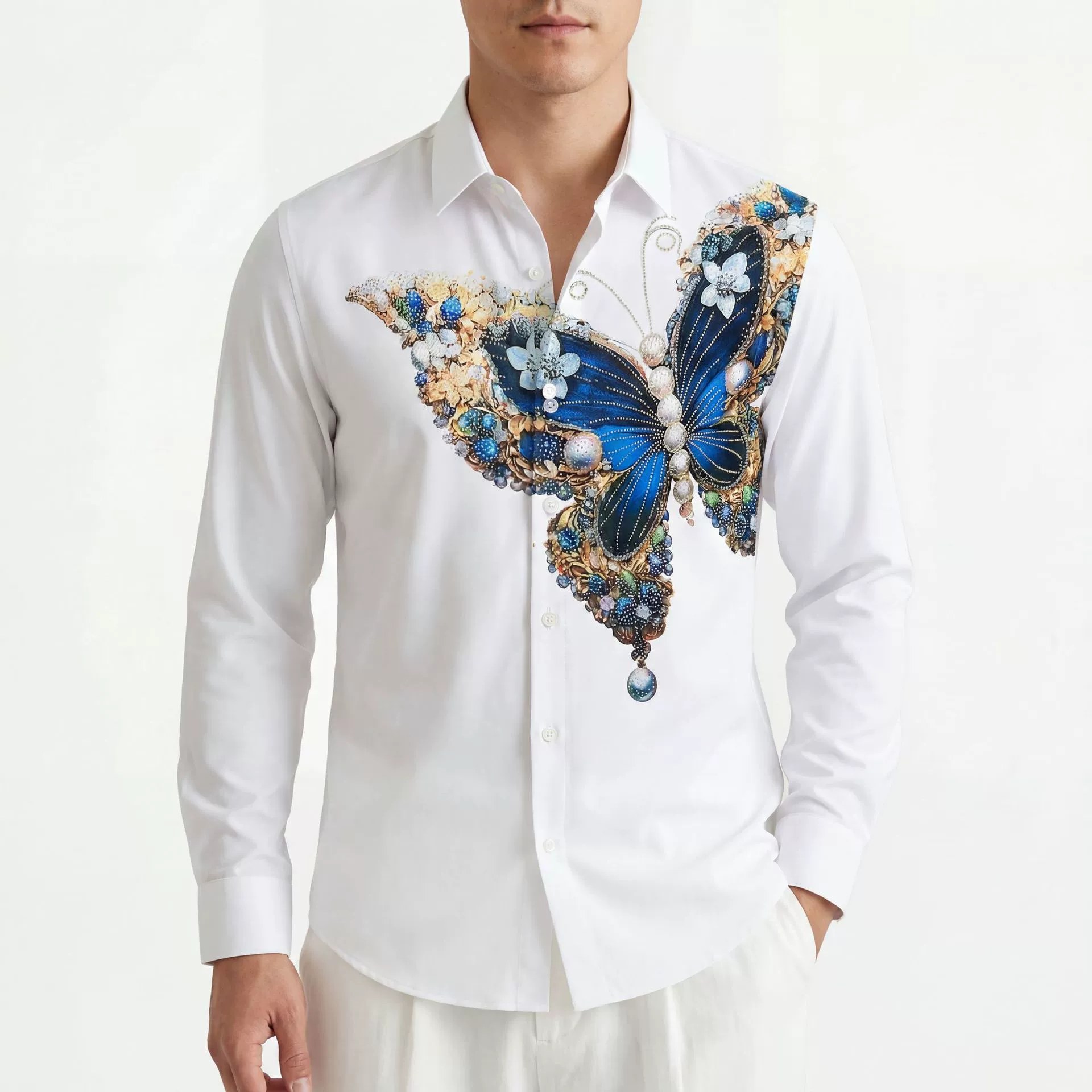 Rhinestone 3D Print Long Sleeve Shirt — wholesale men's shirt from AUTOCNEX