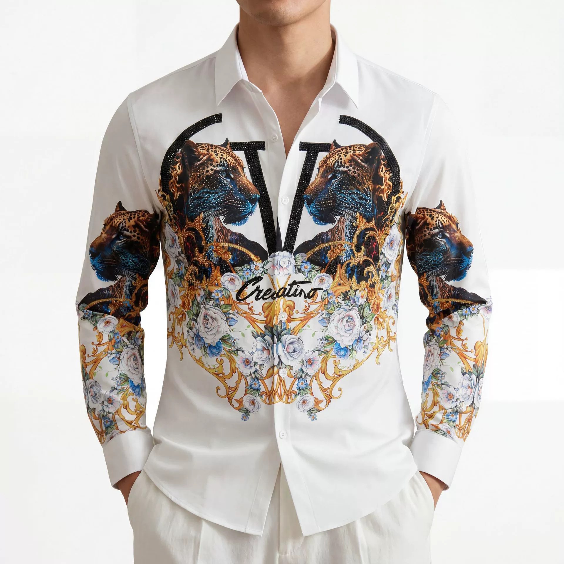 3D Digital Print Leopard Rhinestone Long Sleeve Shirt — wholesale men's shirt from AUTOCNEX
