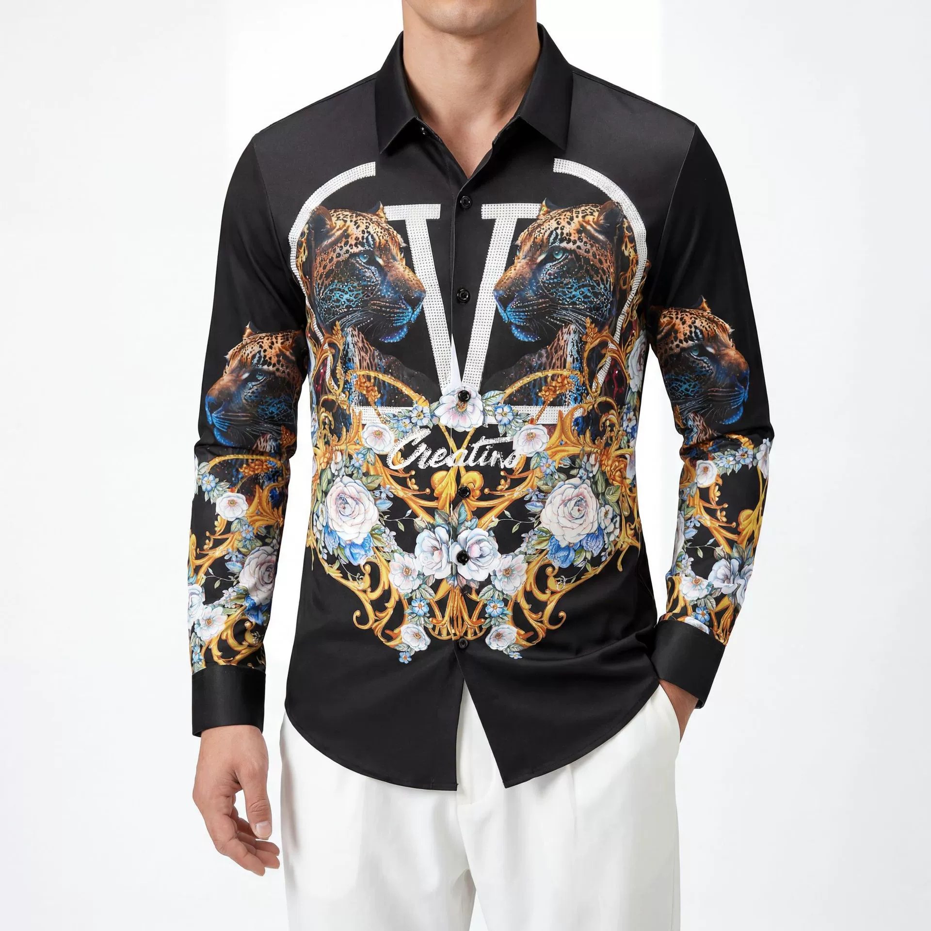 3D Digital Print Leopard Rhinestone Long Sleeve Shirt view 2