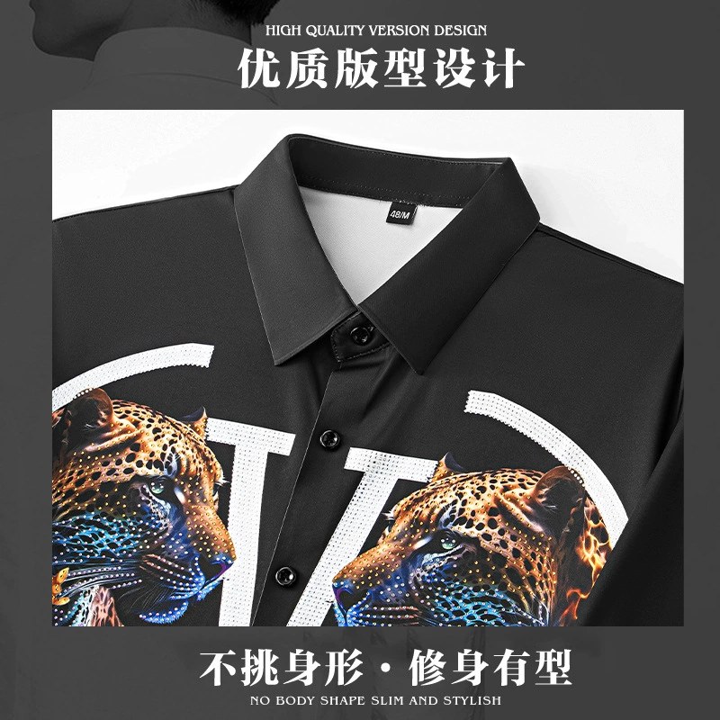 3D Digital Print Leopard Rhinestone Long Sleeve Shirt view 4