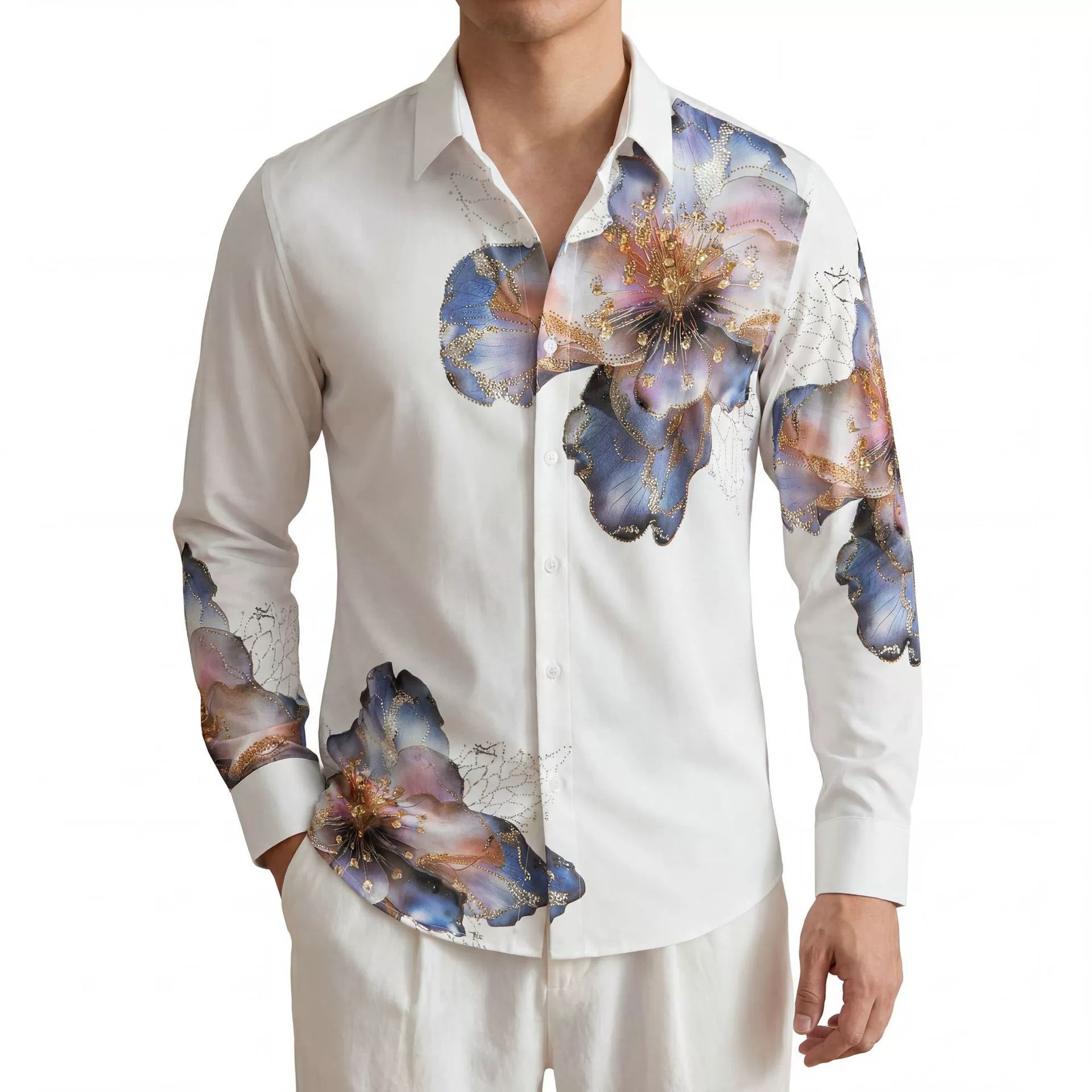 3D Digital Floral Rhinestone Long Sleeve Shirt — wholesale men's shirt from AUTOCNEX