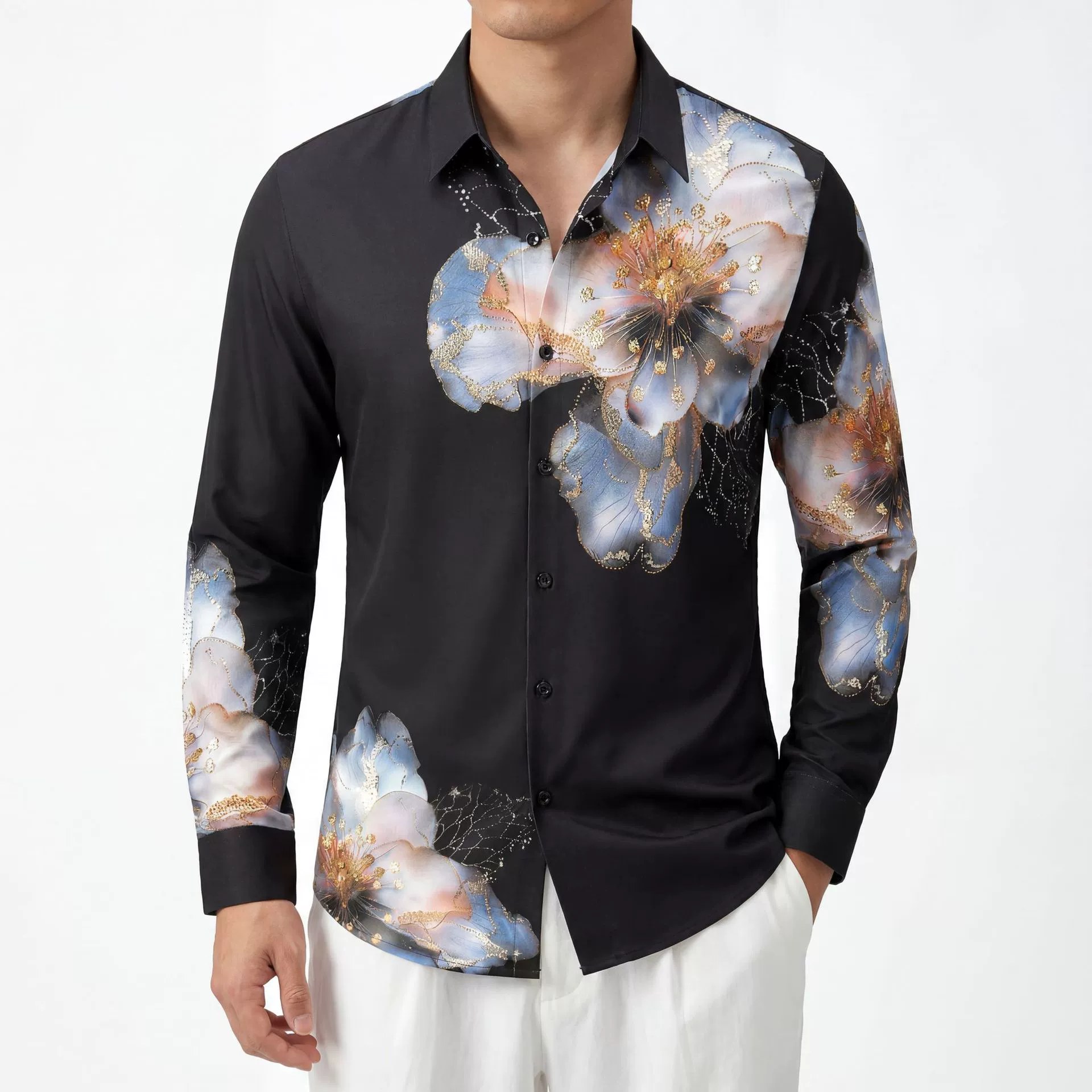 3D Digital Floral Rhinestone Long Sleeve Shirt view 2