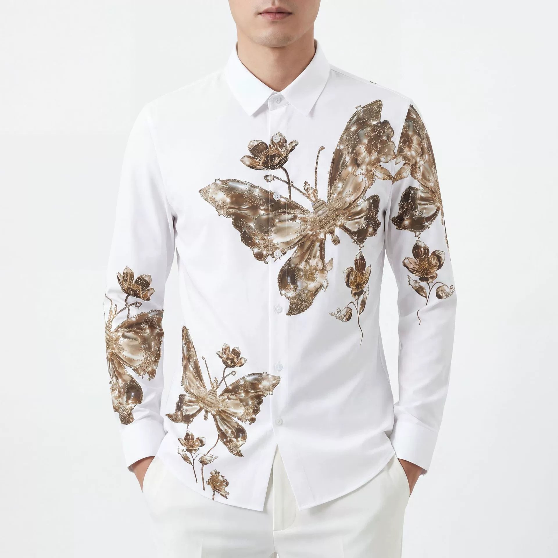 Butterfly Rhinestone Print Slim Long Sleeve Shirt — wholesale men's shirt from AUTOCNEX