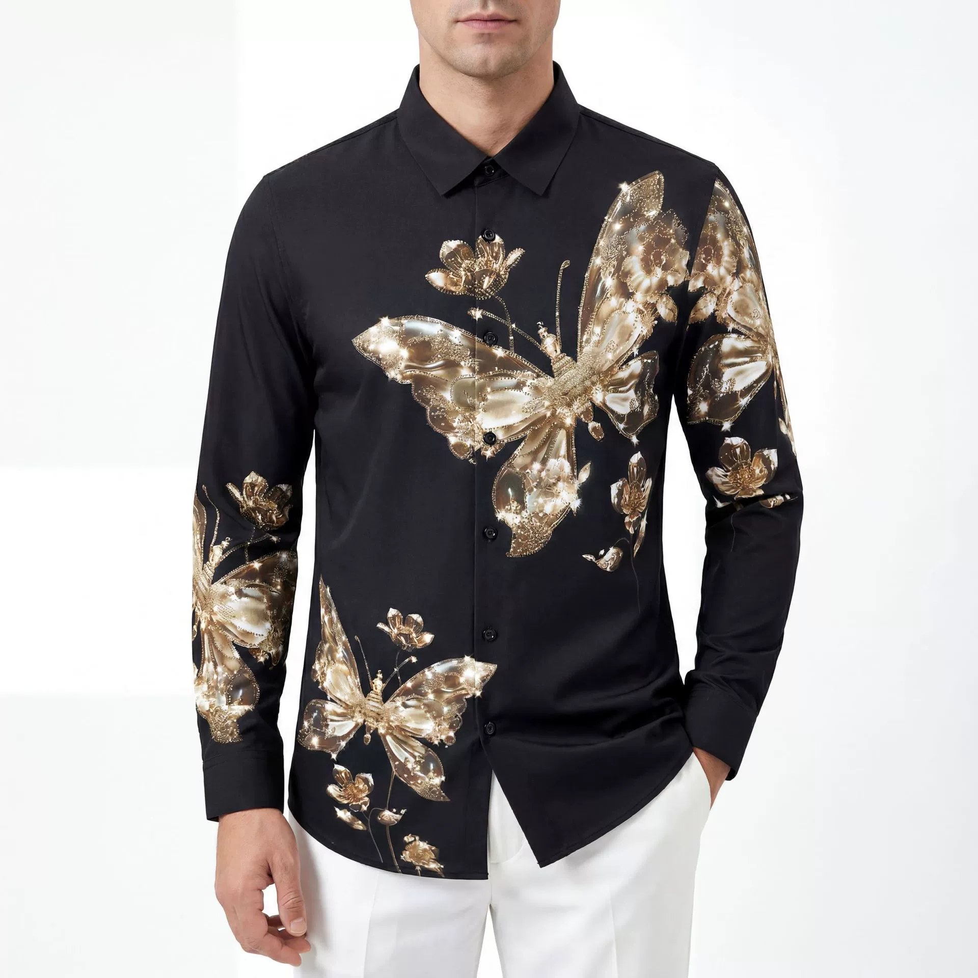 Butterfly Rhinestone Print Slim Long Sleeve Shirt view 2