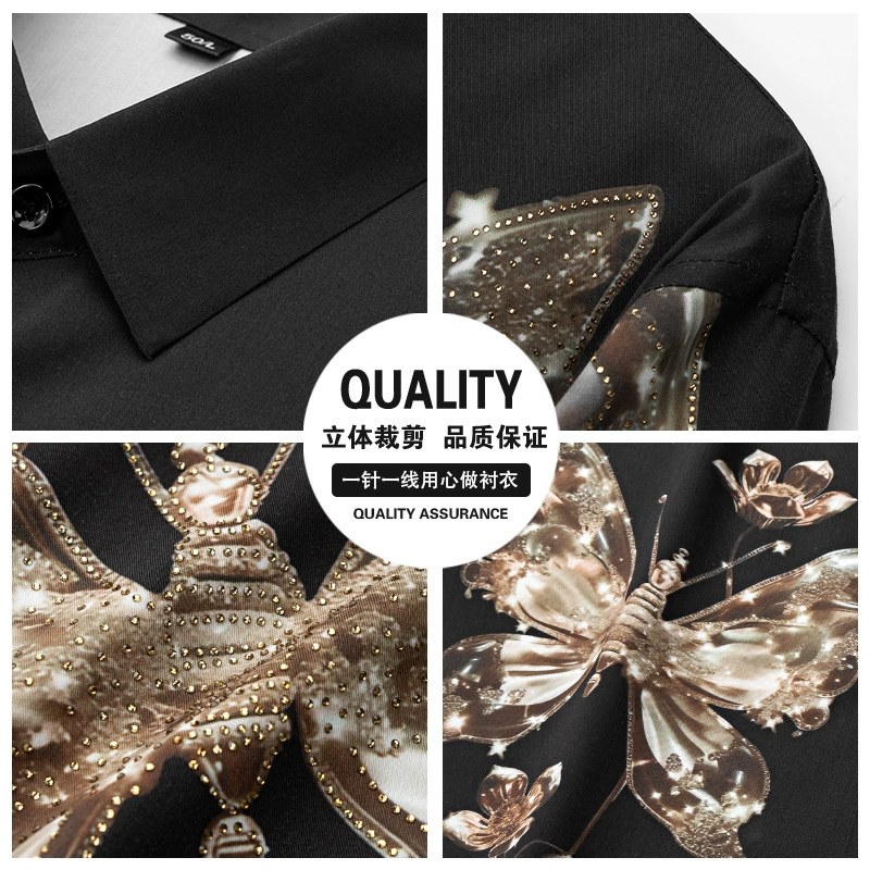 Butterfly Rhinestone Print Slim Long Sleeve Shirt view 3