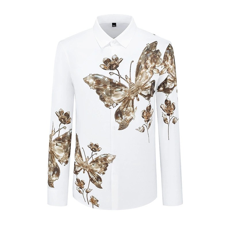 Butterfly Rhinestone Print Slim Long Sleeve Shirt view 5