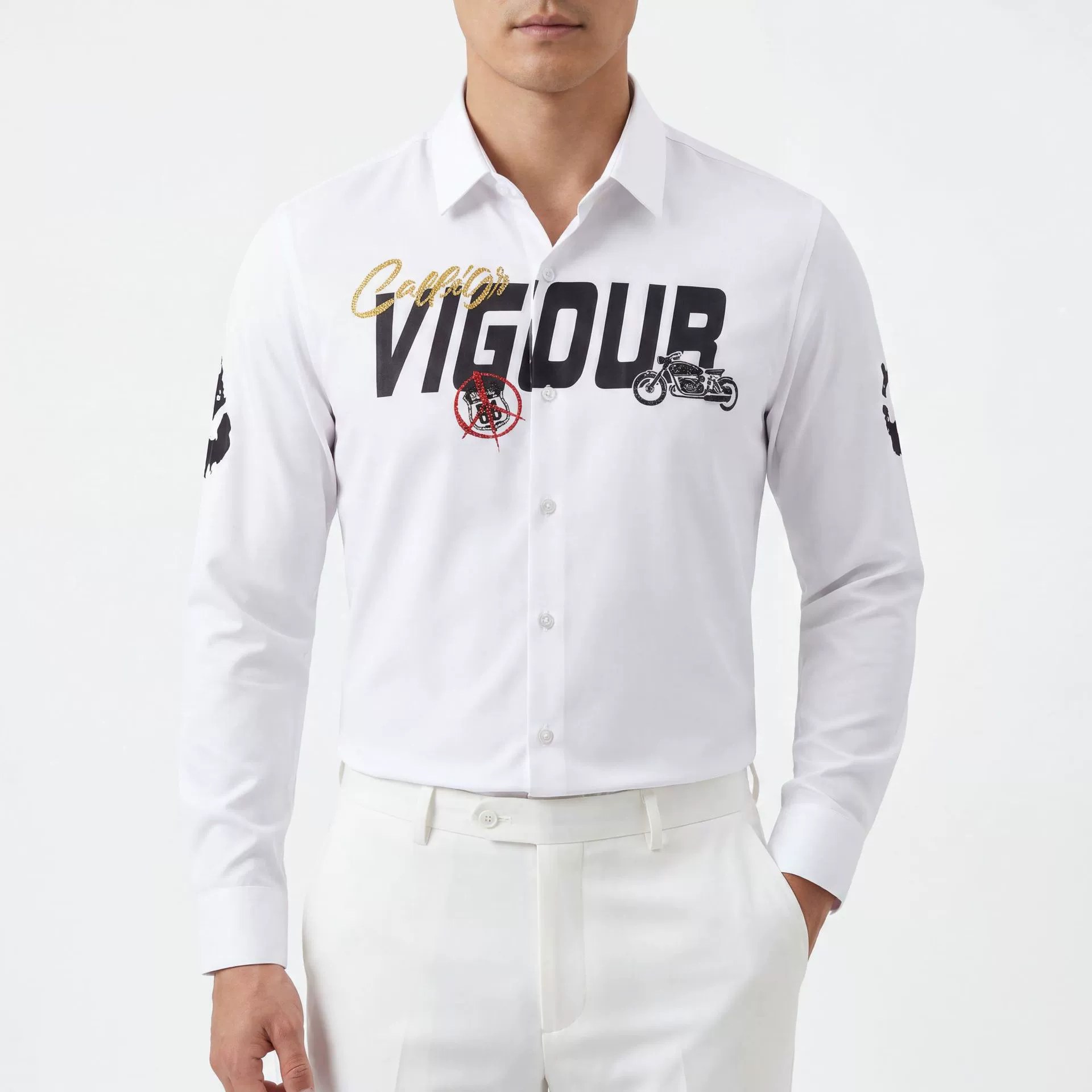 Letter Character Rhinestone Print Slim Long Sleeve Shirt — wholesale men's shirt from AUTOCNEX