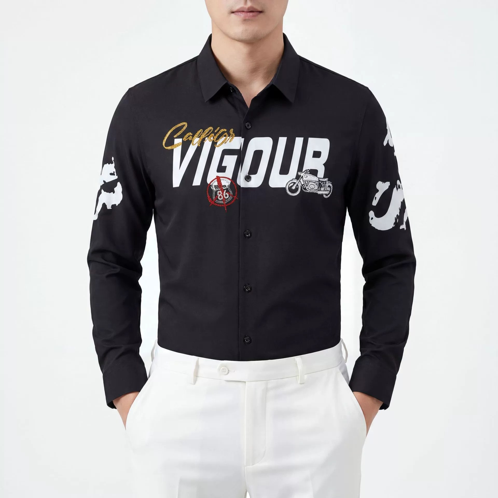 Letter Character Rhinestone Print Slim Long Sleeve Shirt view 2