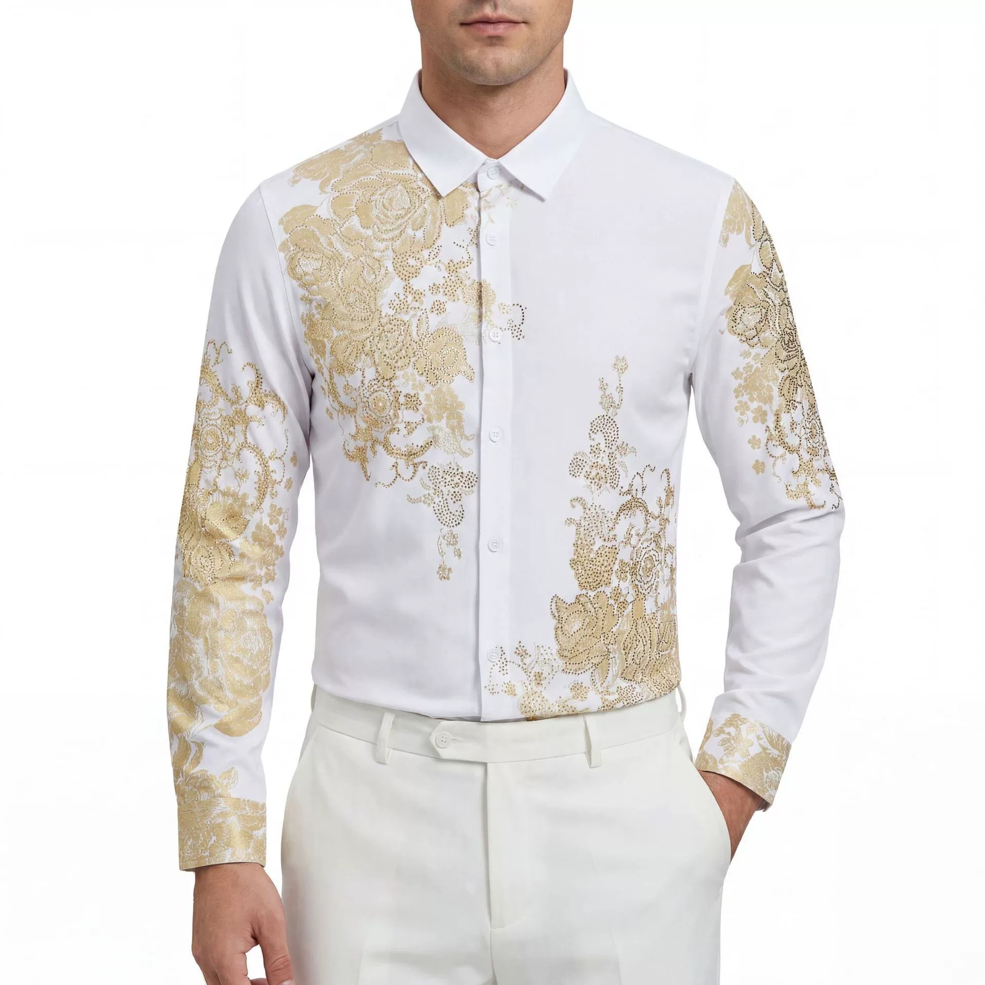 Gold Floral Rhinestone Print Slim Long Sleeve Shirt — wholesale men's shirt from AUTOCNEX