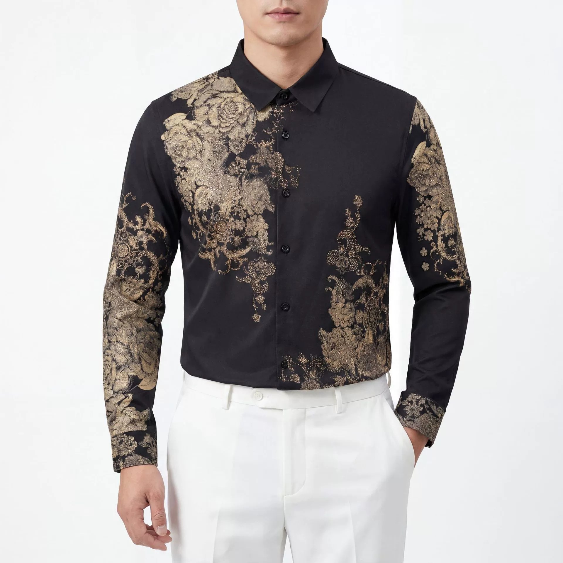 Gold Floral Rhinestone Print Slim Long Sleeve Shirt view 2