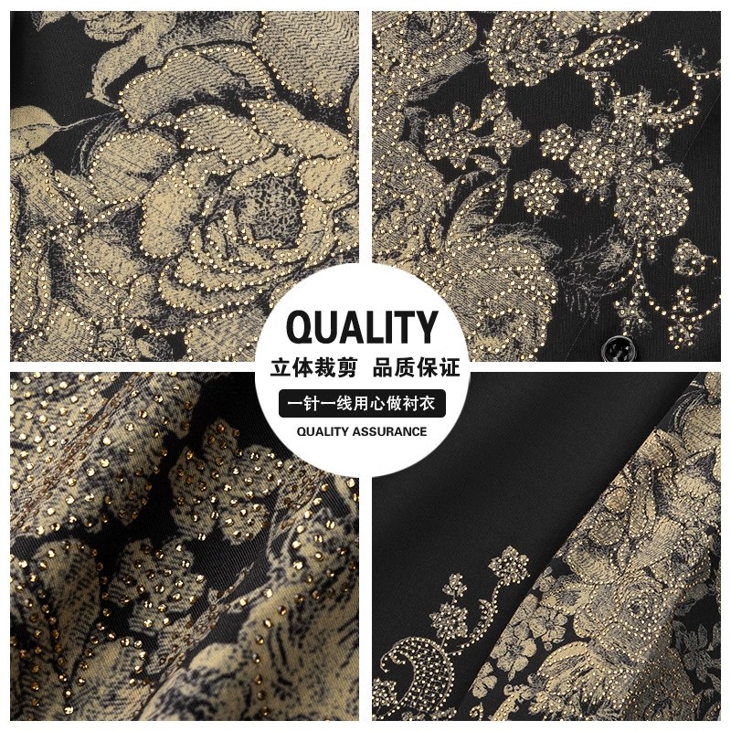 Gold Floral Rhinestone Print Slim Long Sleeve Shirt view 3