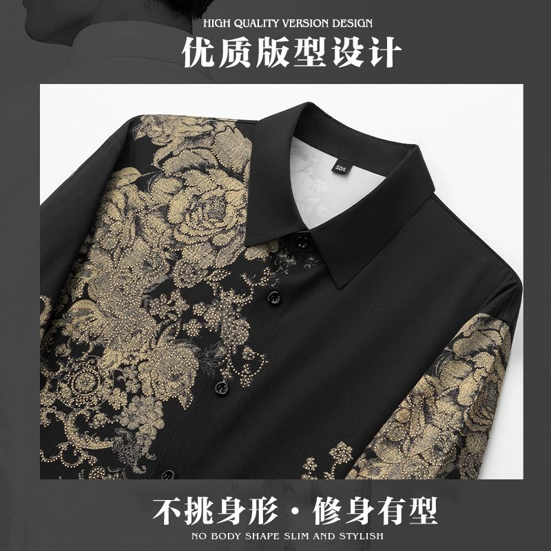 Gold Floral Rhinestone Print Slim Long Sleeve Shirt view 4