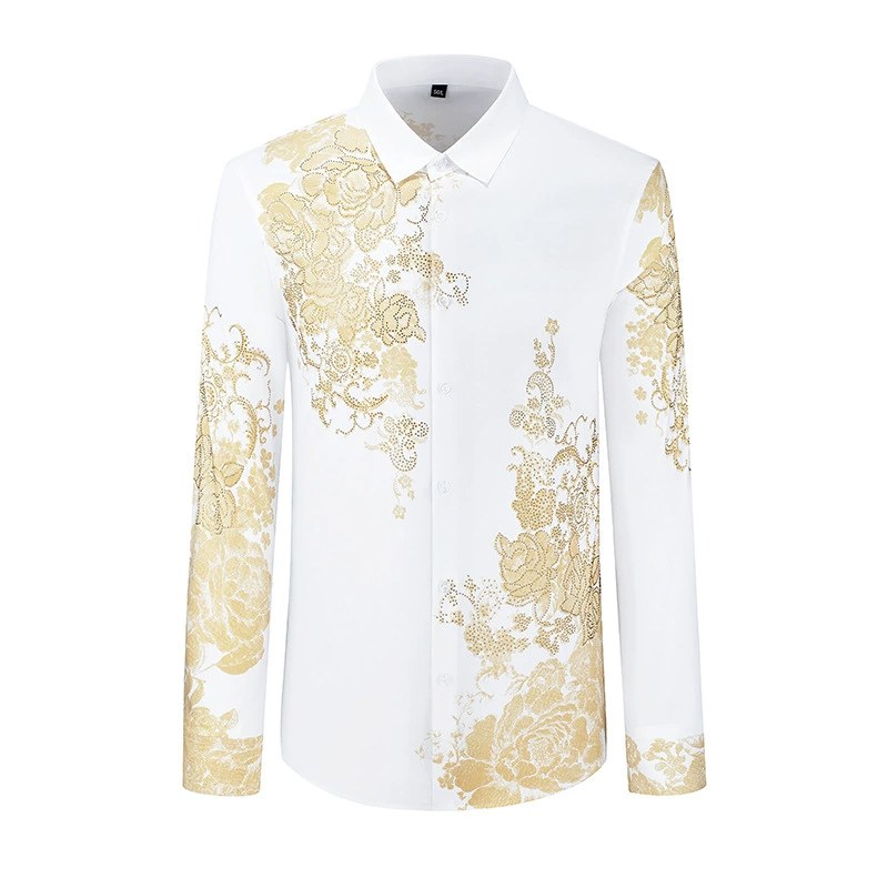 Gold Floral Rhinestone Print Slim Long Sleeve Shirt view 5