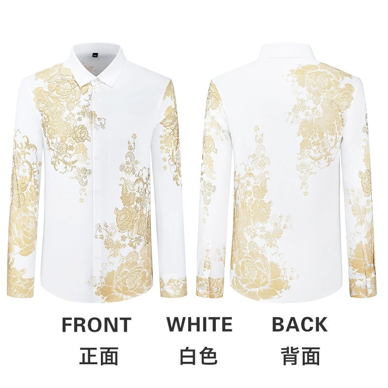 Gold Floral Rhinestone Print Slim Long Sleeve Shirt view 6