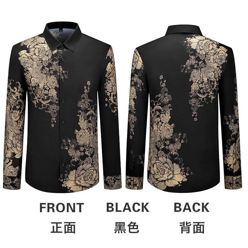 Gold Floral Rhinestone Print Slim Long Sleeve Shirt view 7