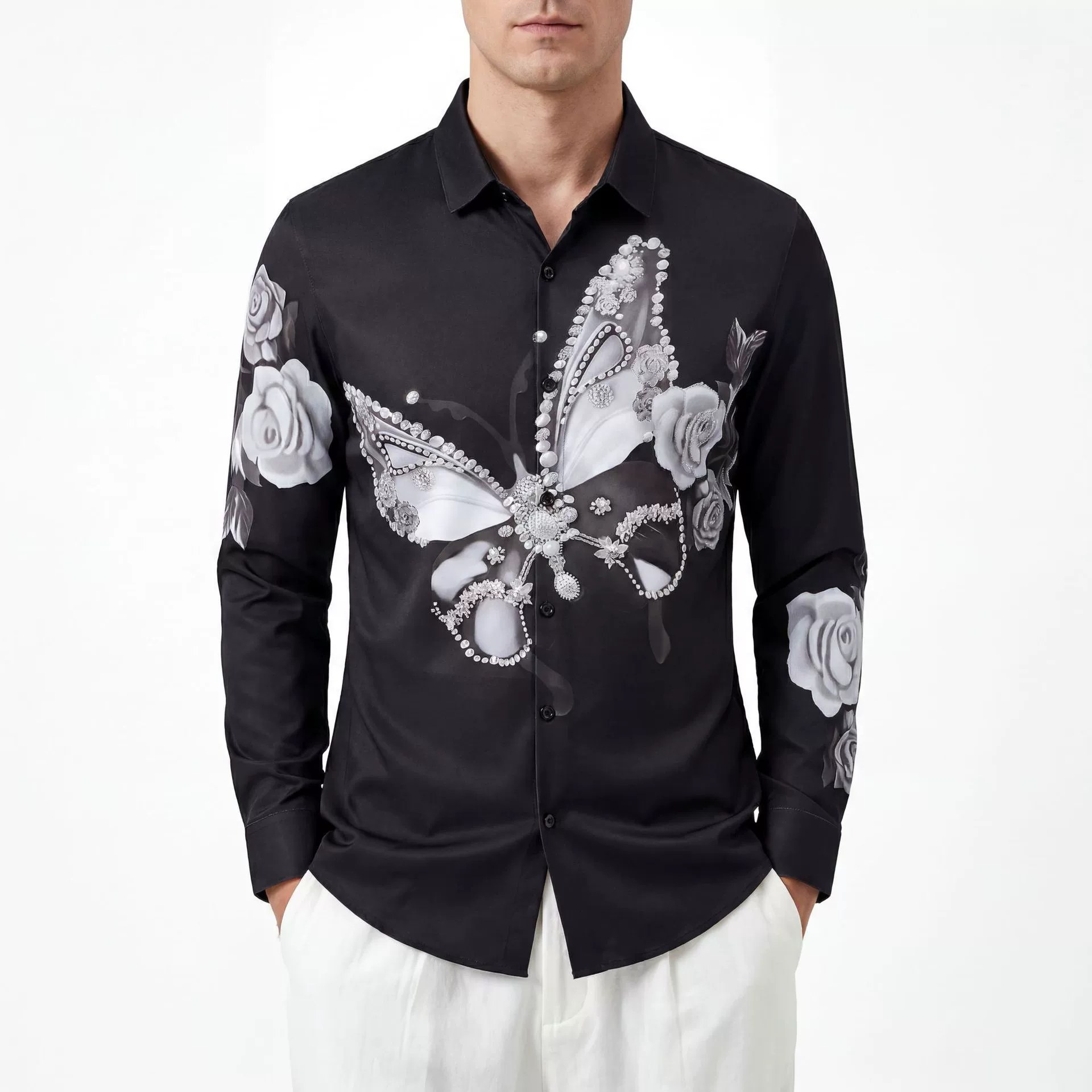 Butterfly Digital Print Rhinestone Long Sleeve Shirt view 2