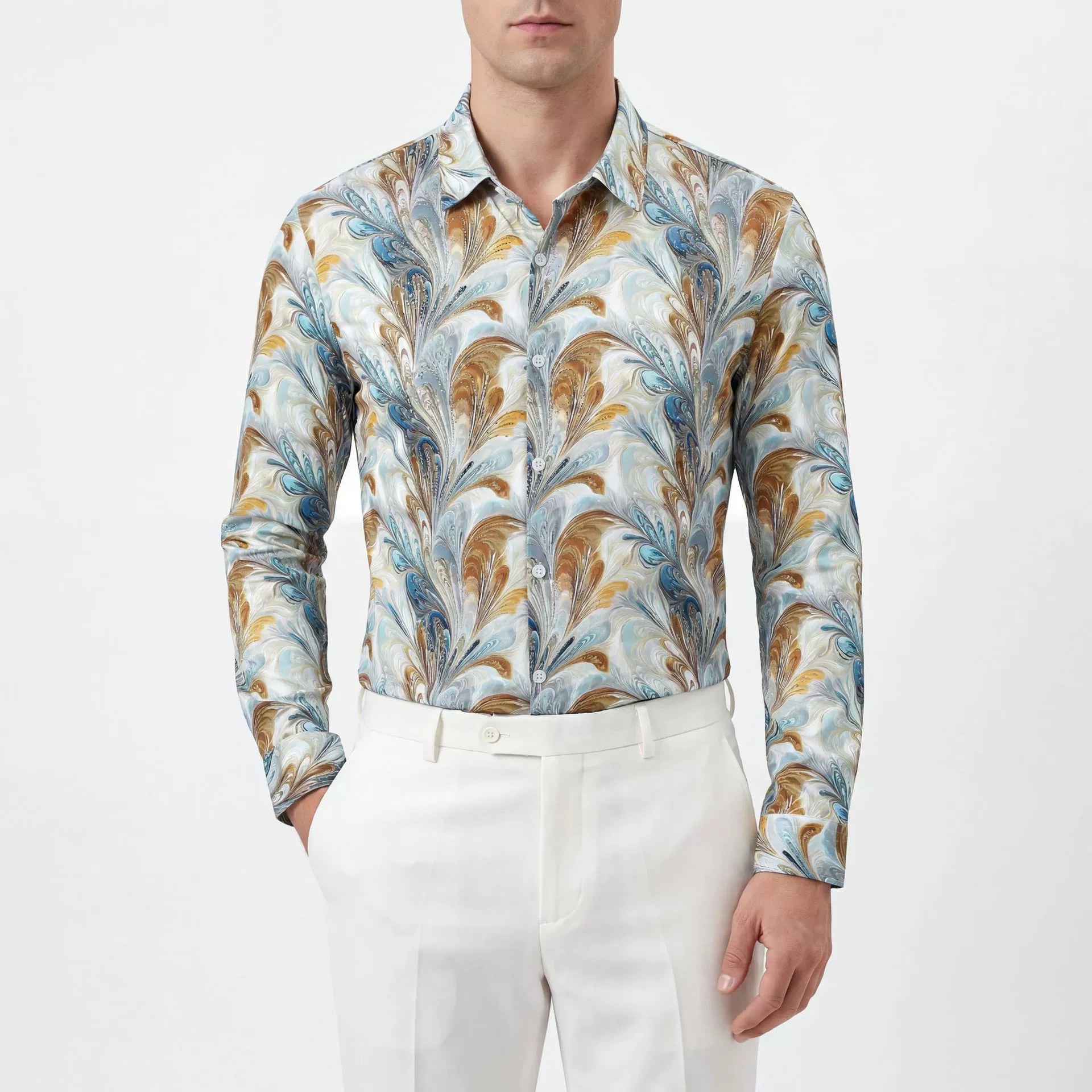 Gold Floral Rhinestone Print Slim Long Sleeve Shirt — wholesale men's shirt from AUTOCNEX