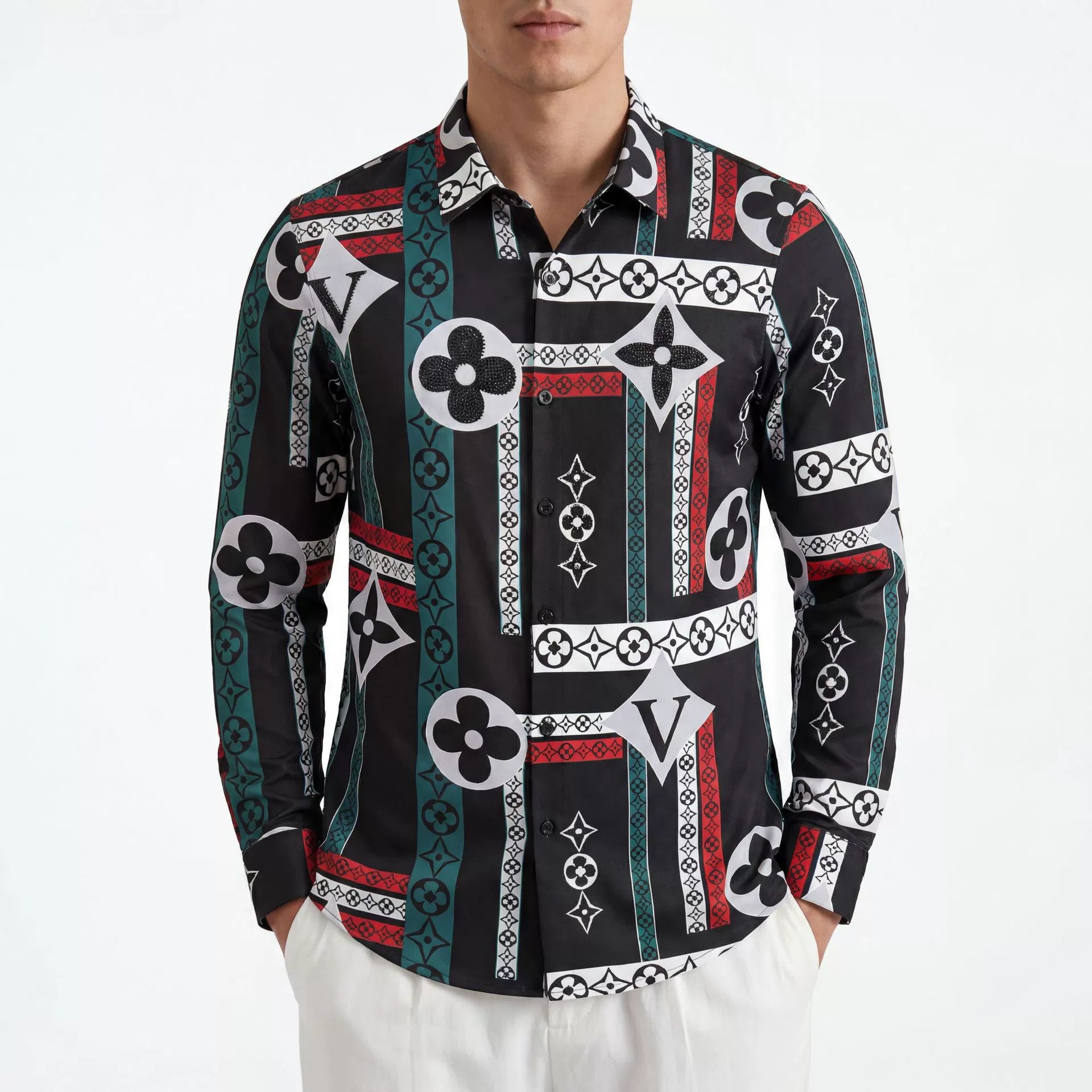Reflective Rhinestone 3D Digital Print Long Sleeve Shirt view 2