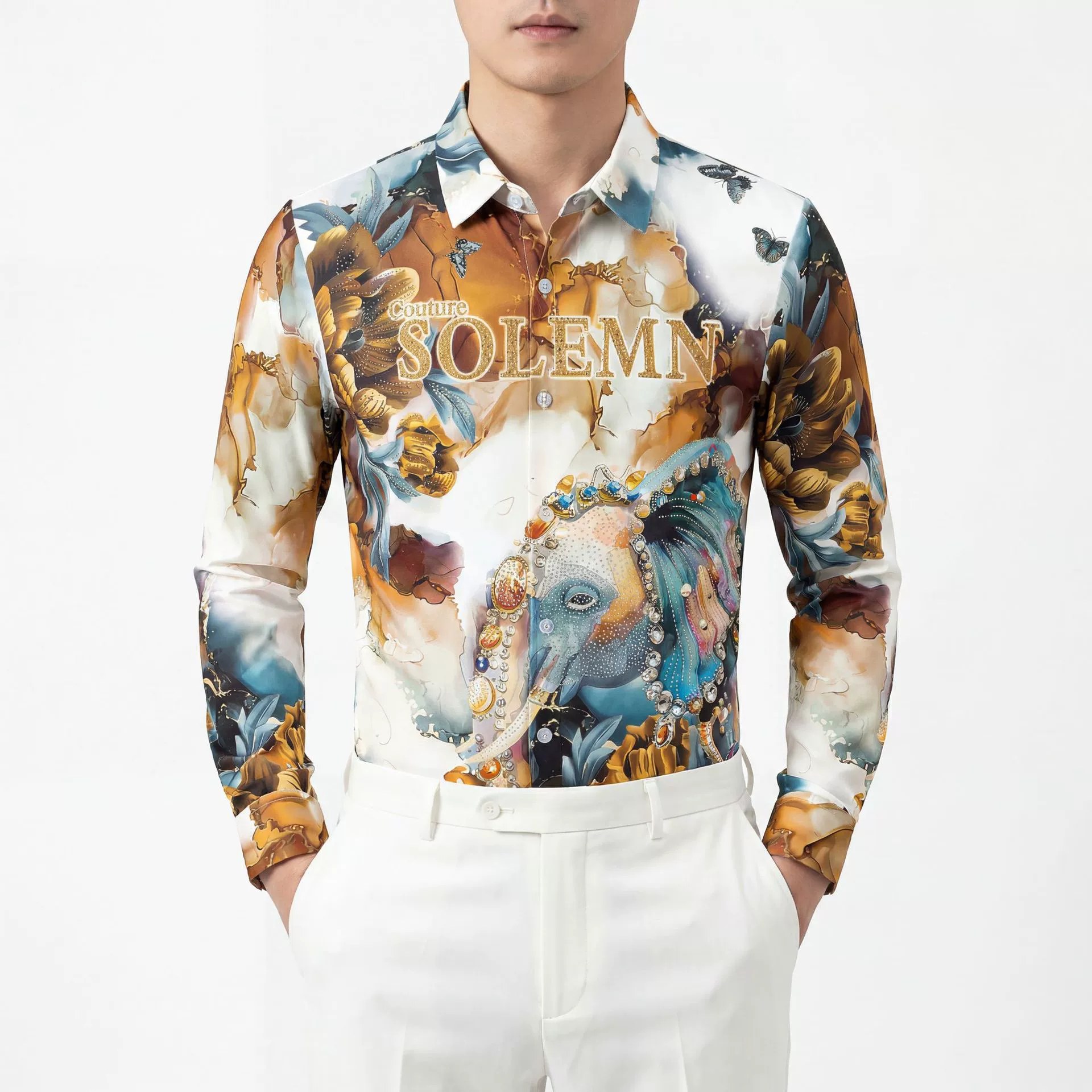 3D Digital Elephant Rhinestone Long Sleeve Shirt — wholesale men's shirt from AUTOCNEX