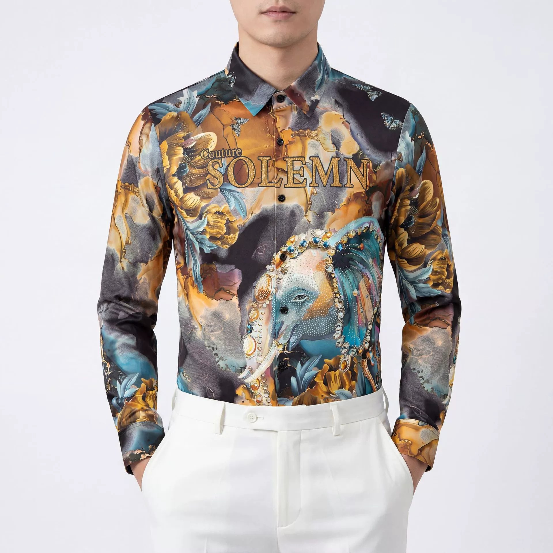 3D Digital Elephant Rhinestone Long Sleeve Shirt view 2