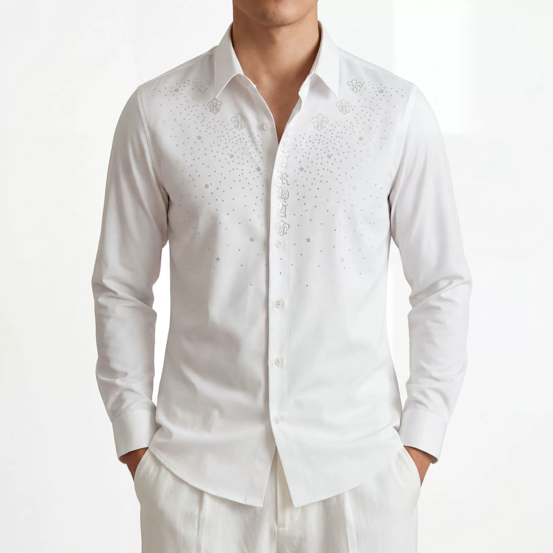 Rhinestone Placket Digital Print Long Sleeve Shirt — wholesale men's shirt from AUTOCNEX