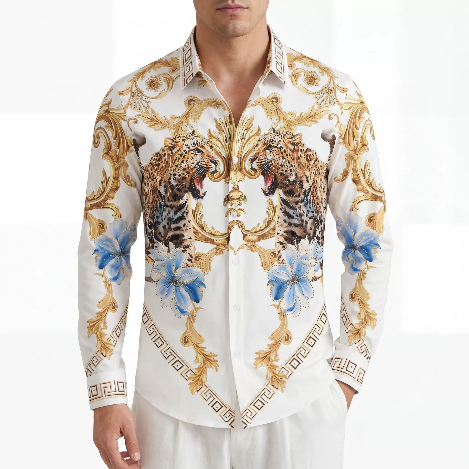 Double Leopard Palace Rhinestone 3D Print Long Sleeve Shirt — wholesale men's shirt from AUTOCNEX